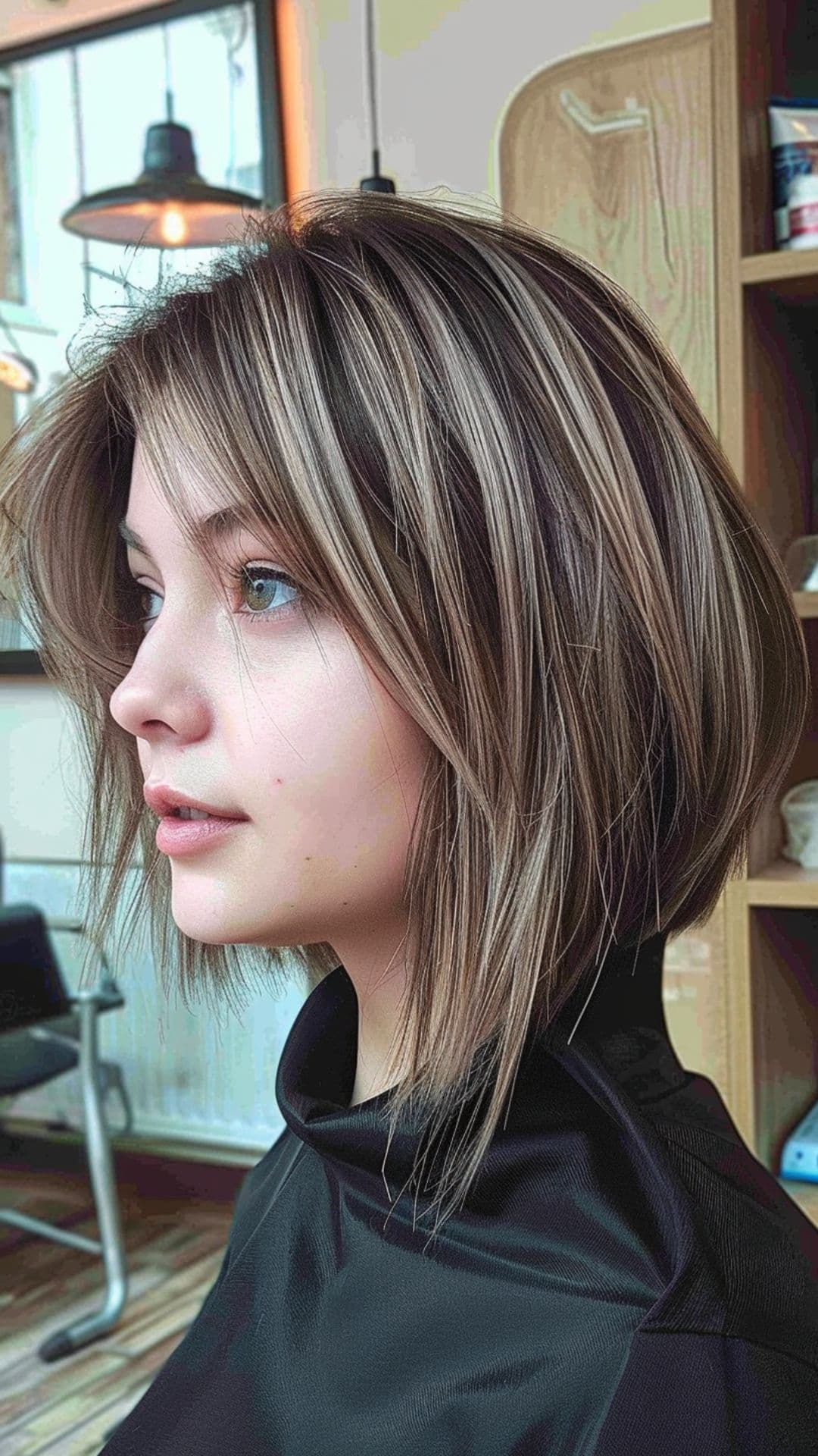 A woman modelling an inverted bob with balayage.