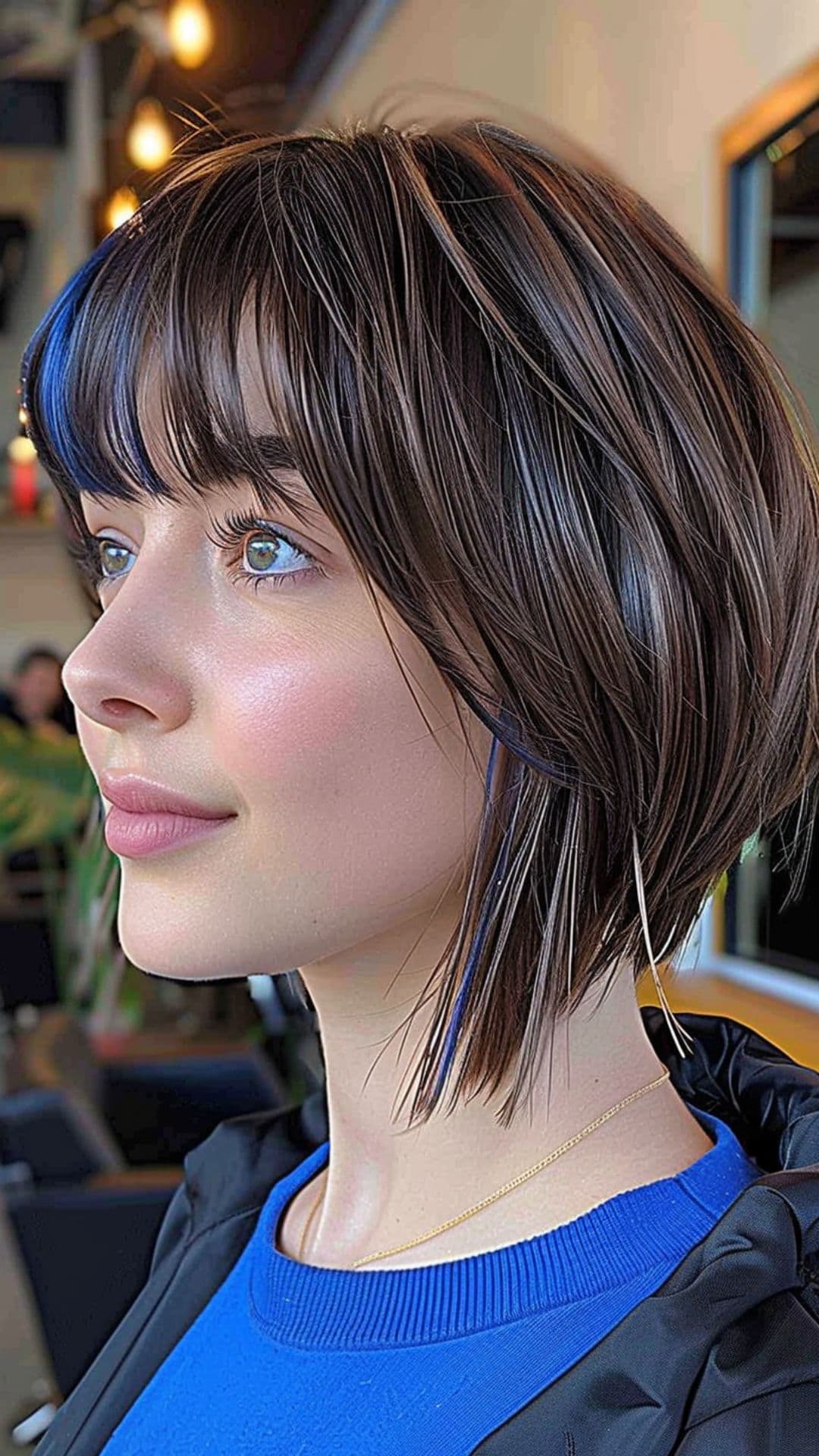 A woman modelling an inverted bob with bangs.