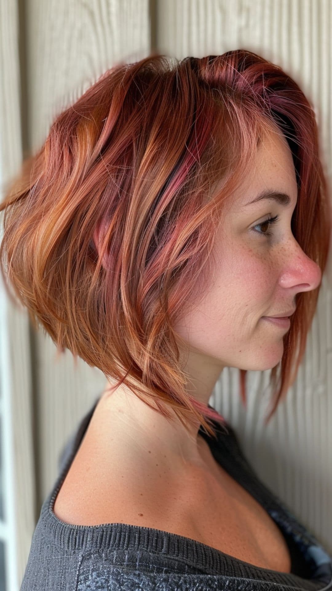 A woman modelling an inverted bob with copper and rose gold highlights.