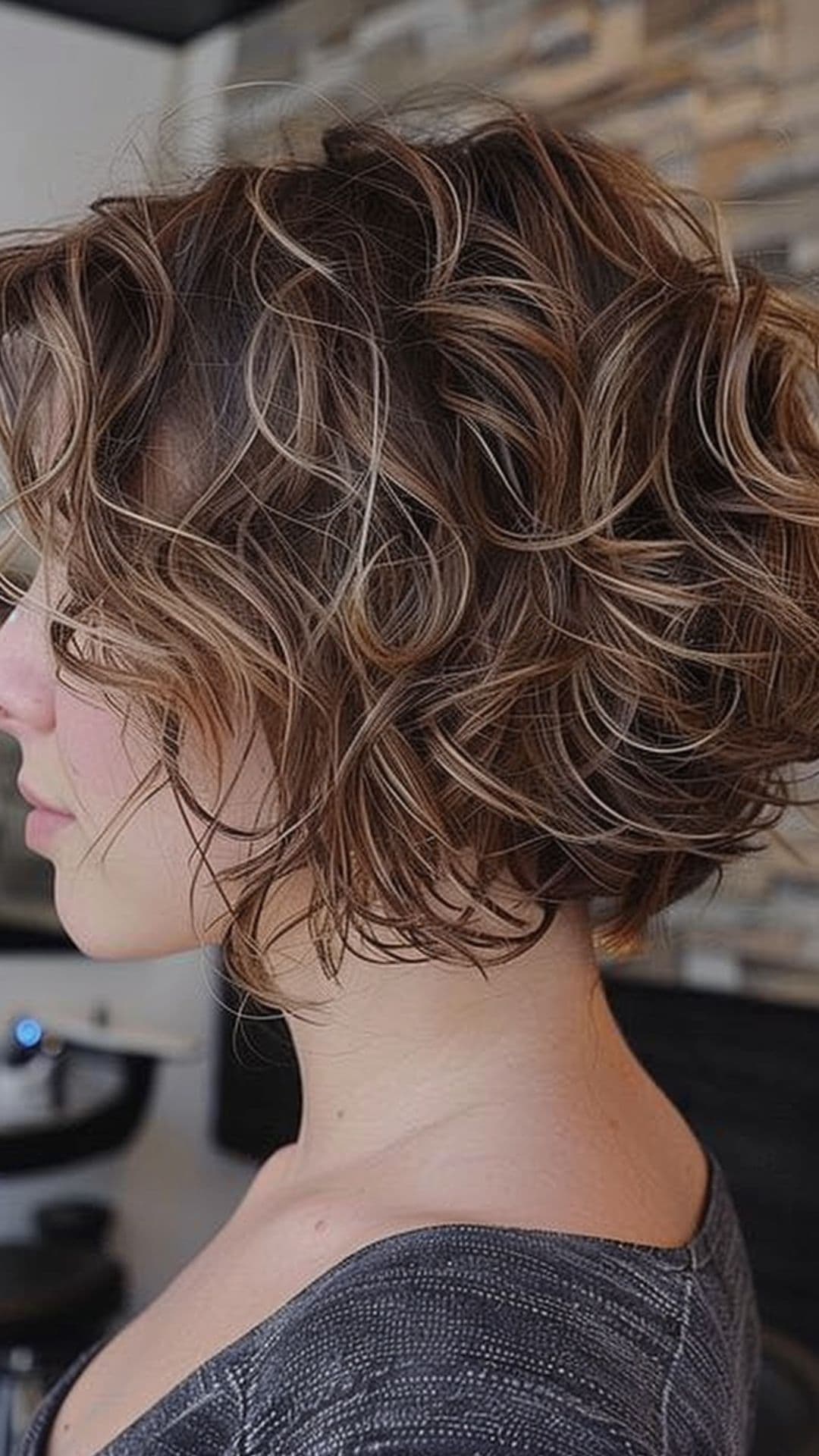 A woman modelling an inverted bob with loose curls.