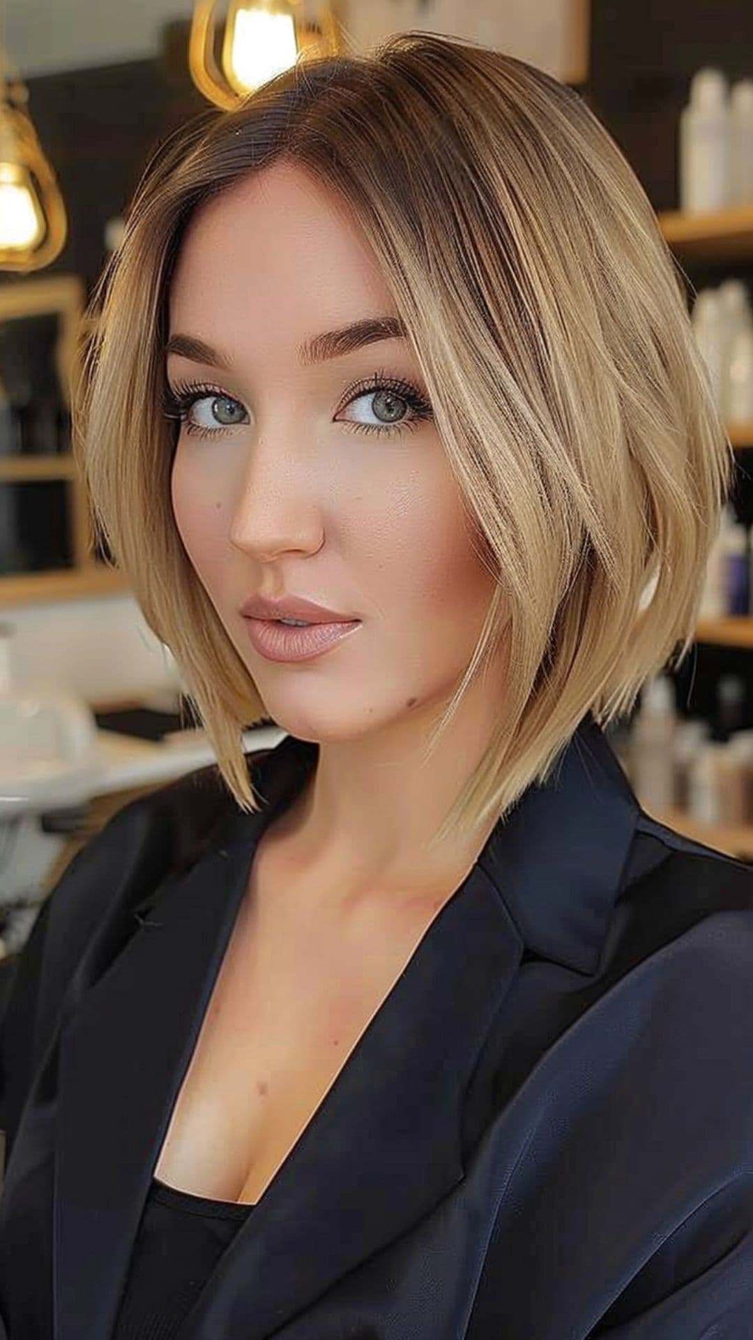 A woman modelling an inverted bob with middle part.