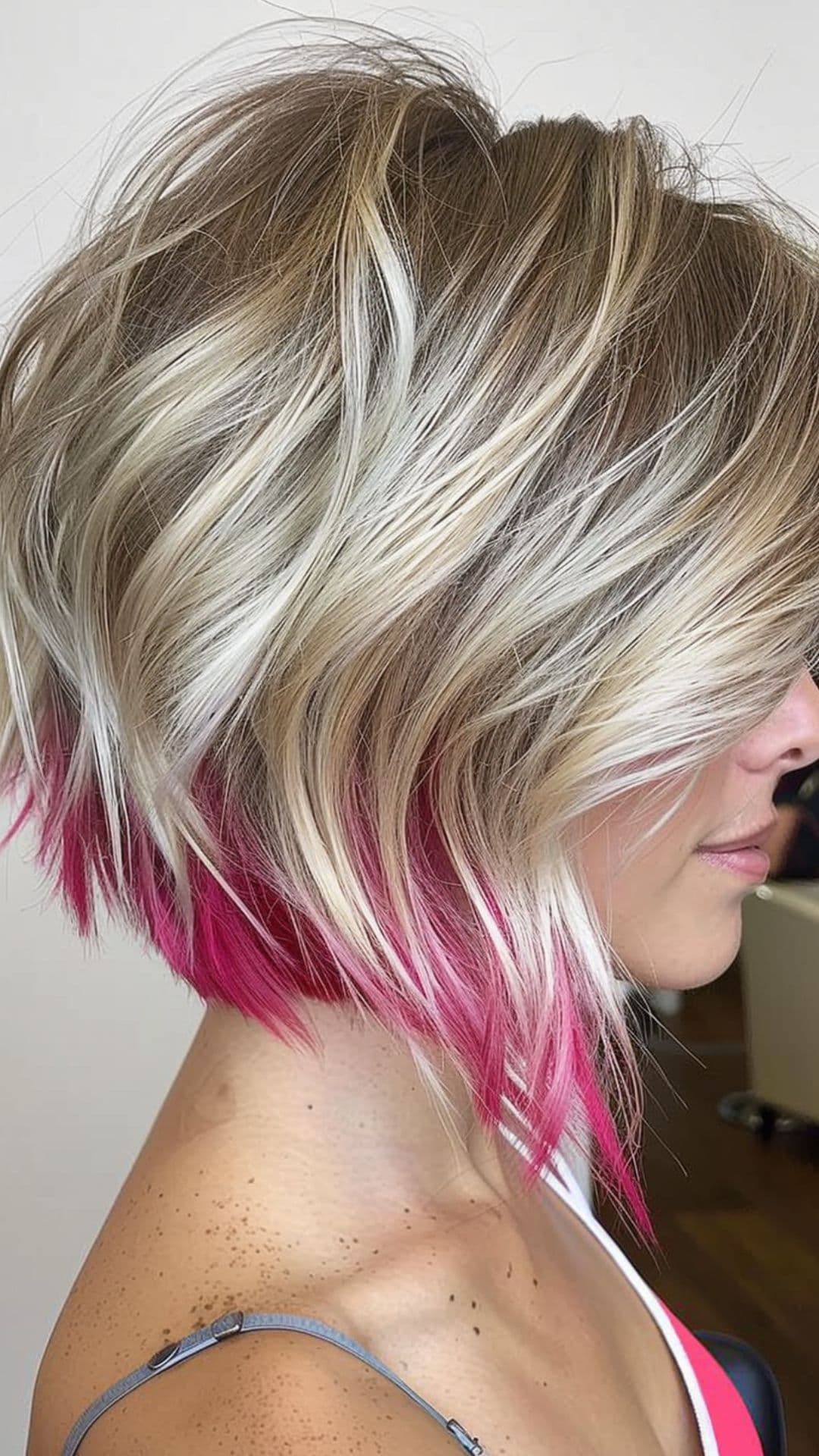 A woman modelling an inverted bob with pink peekaboo highlights.