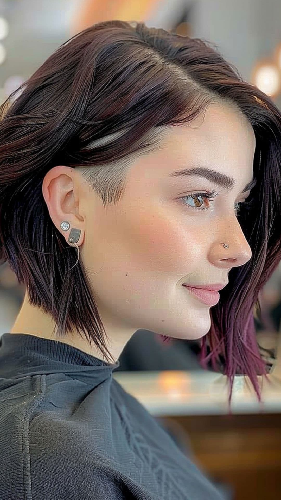 A woman modelling an inverted bob with shaved sides.