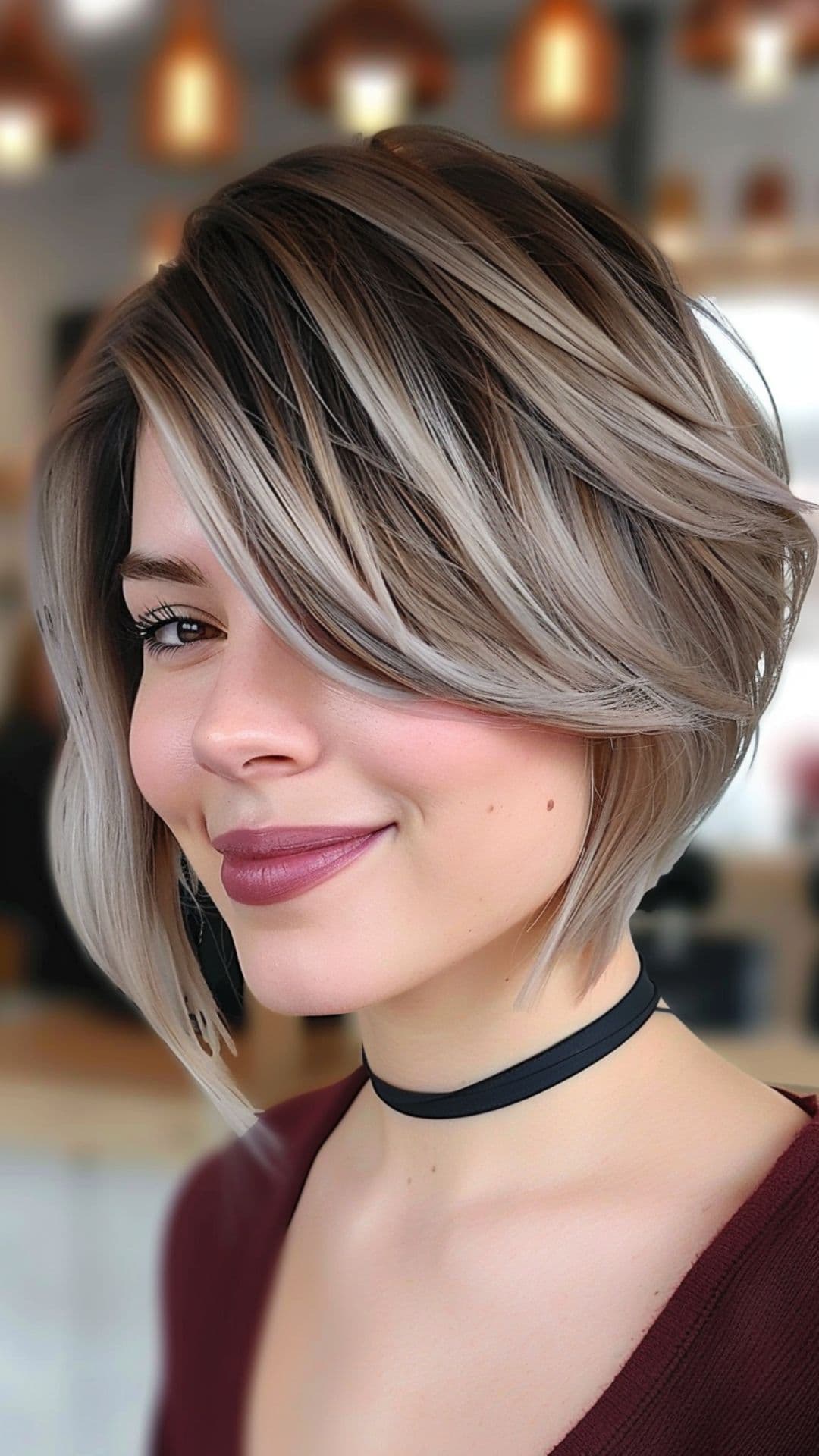 A woman modelling an inverted bob with swoopy bangs.