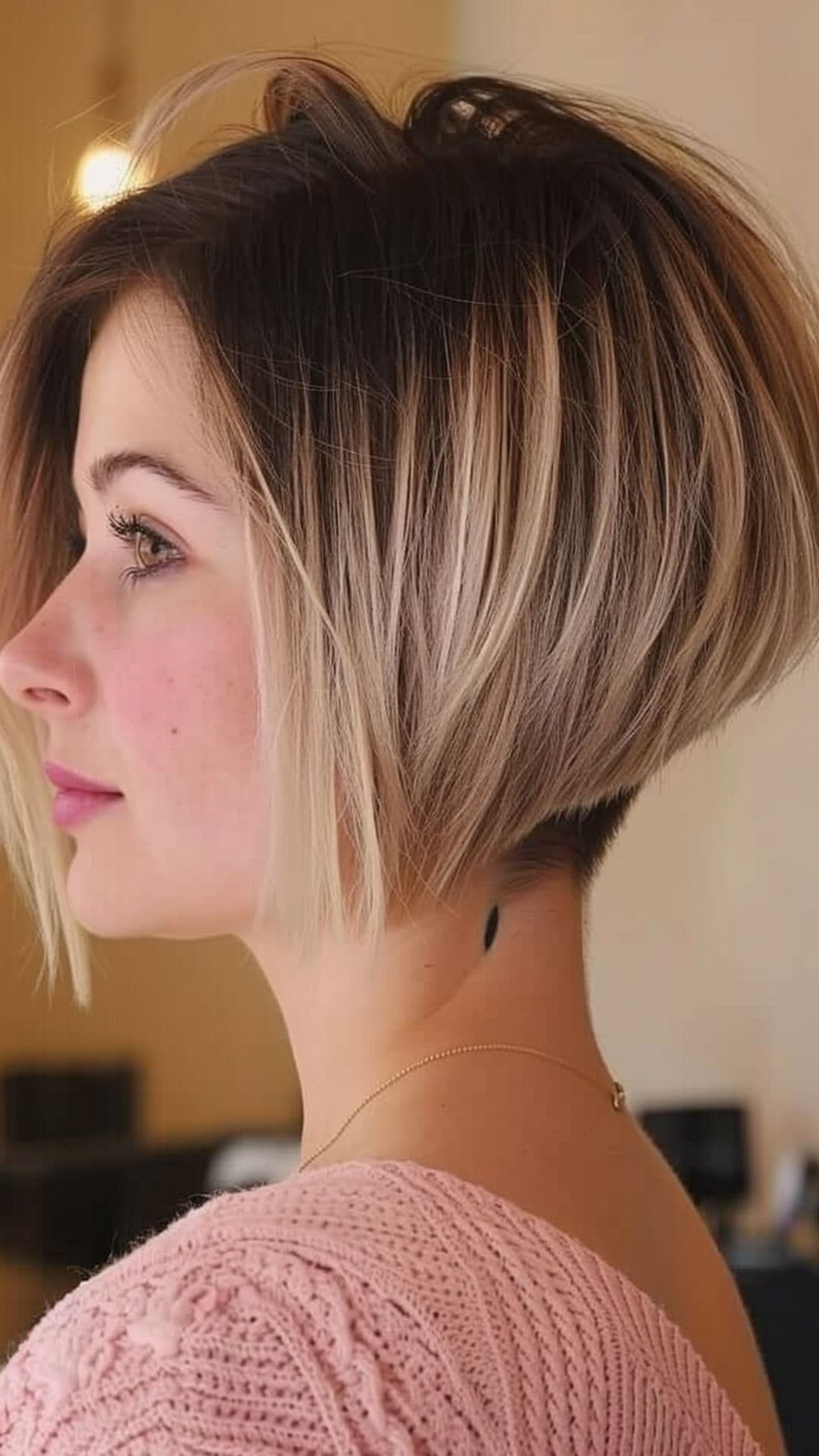 A woman modelling an inverted bob with undercut.