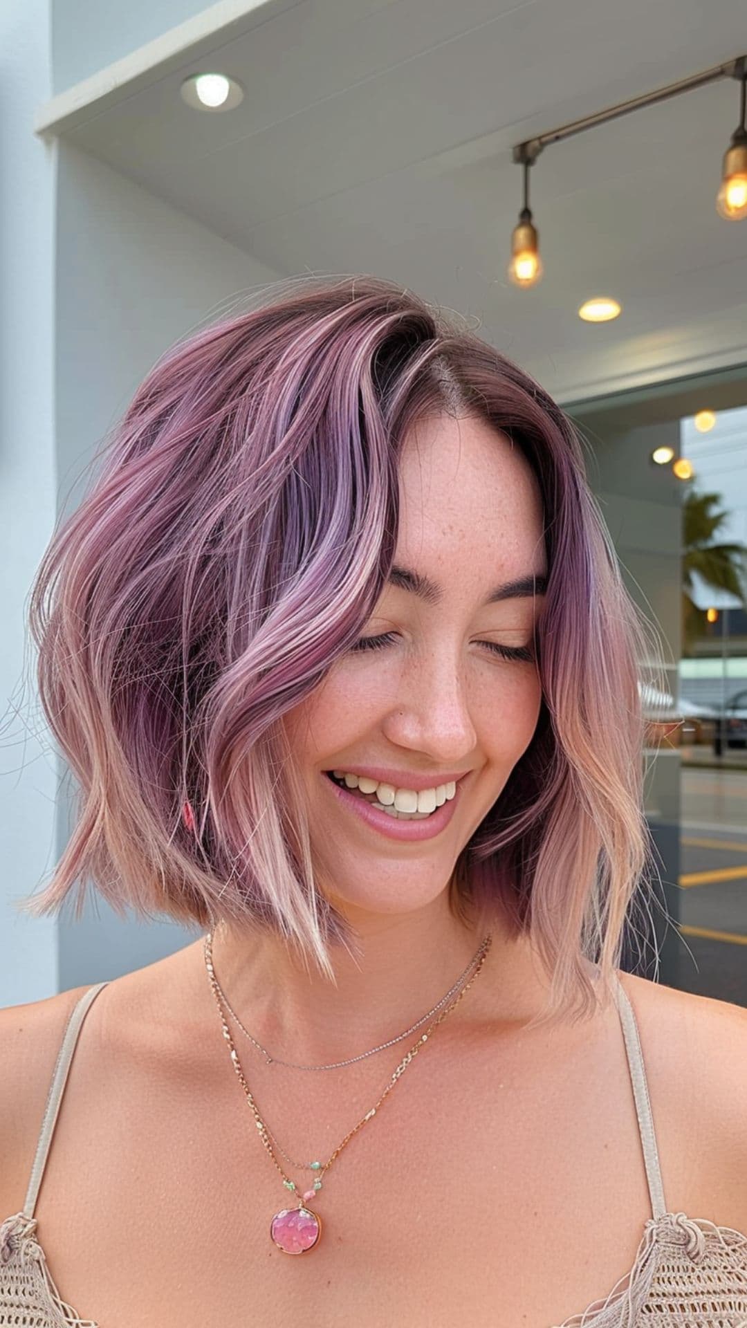 A woman modelling a lavender balayage blunt bob.