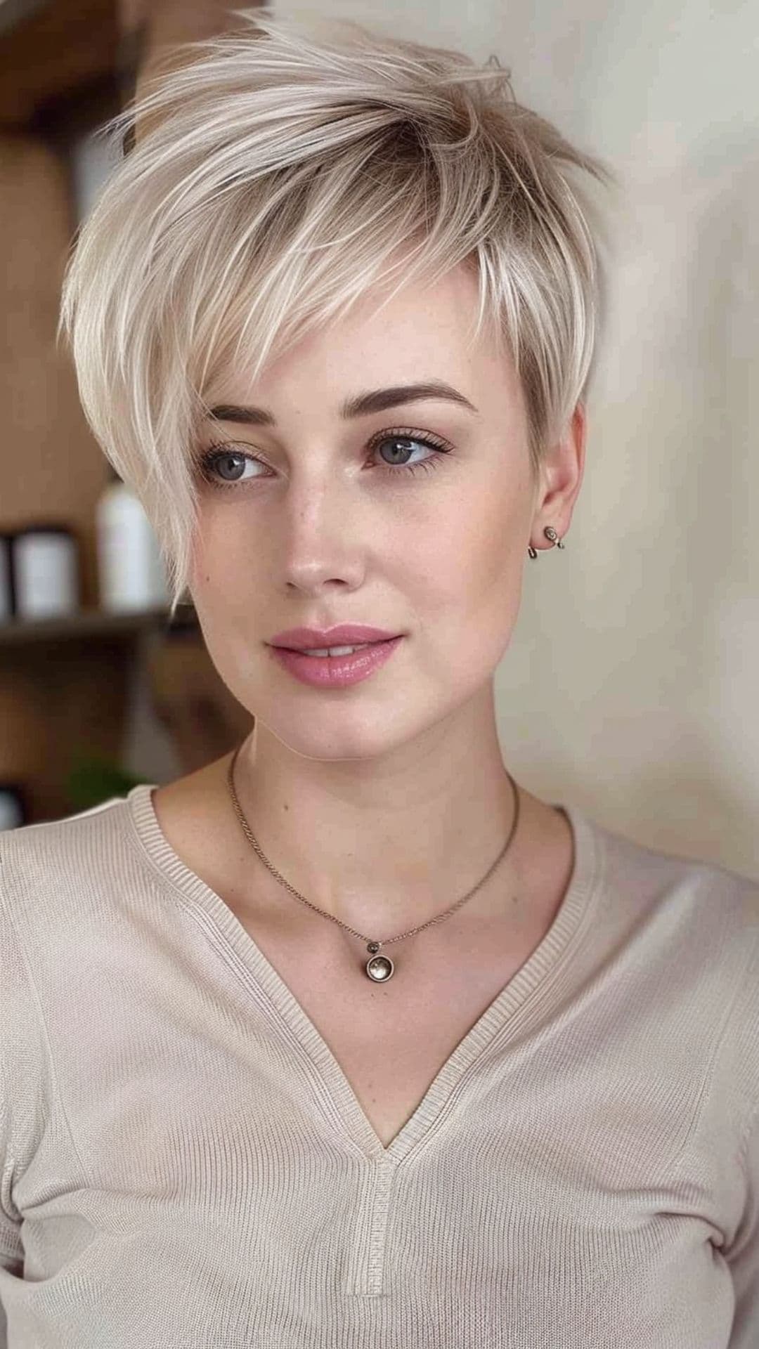 A woman modelling a layered asymmetrical pixie cut.