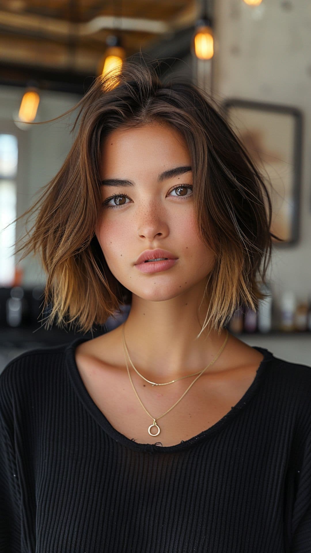 A woman modelling a layered bob with wispy ends.