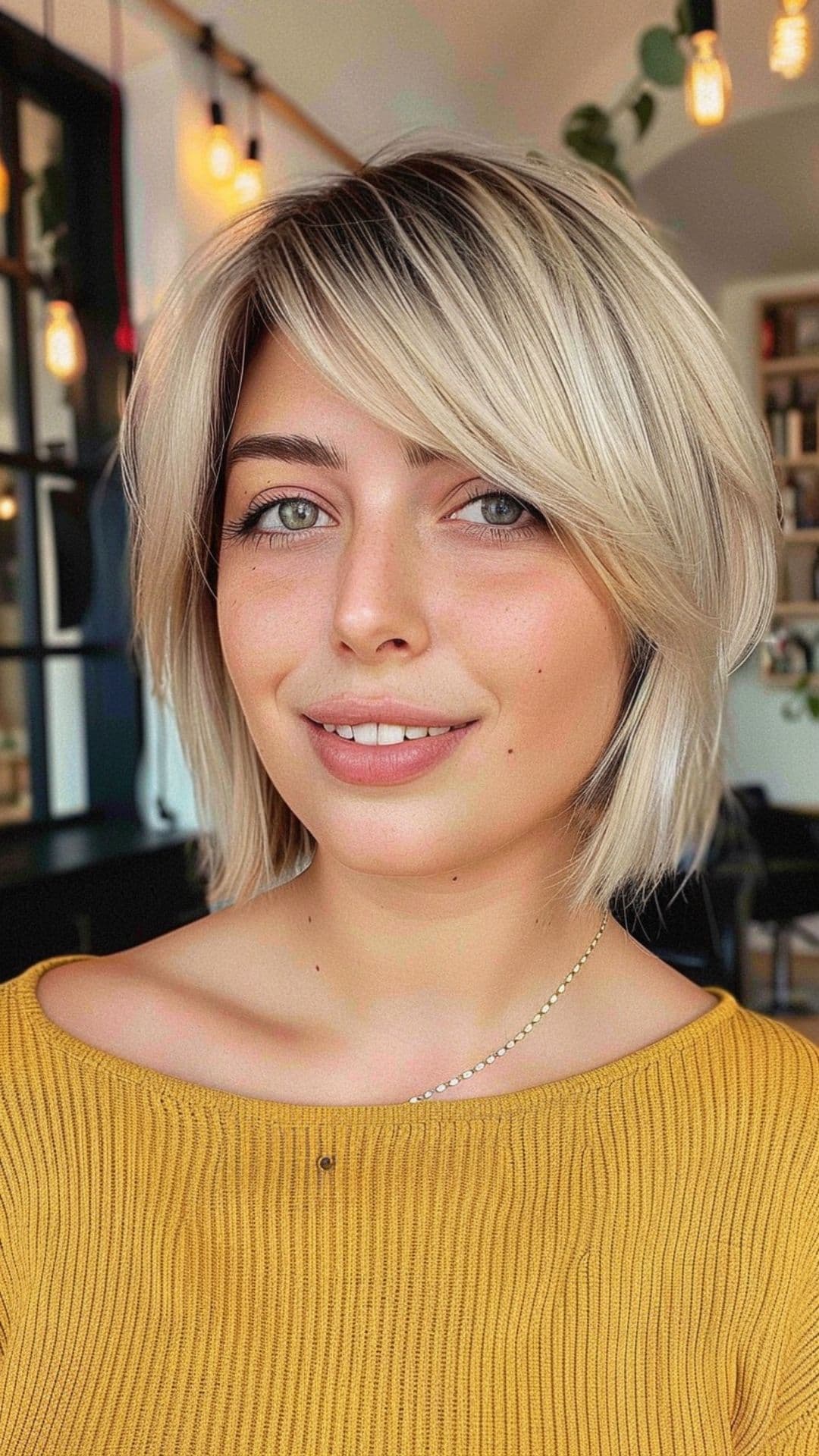 A woman modelling a layered chin-length bob with side-swept bangs.