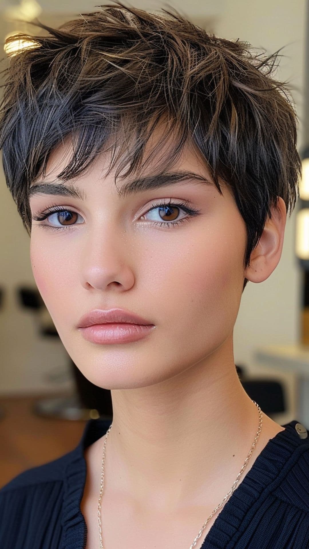 A woman modelling a layered pixie cut with choppy bangs.