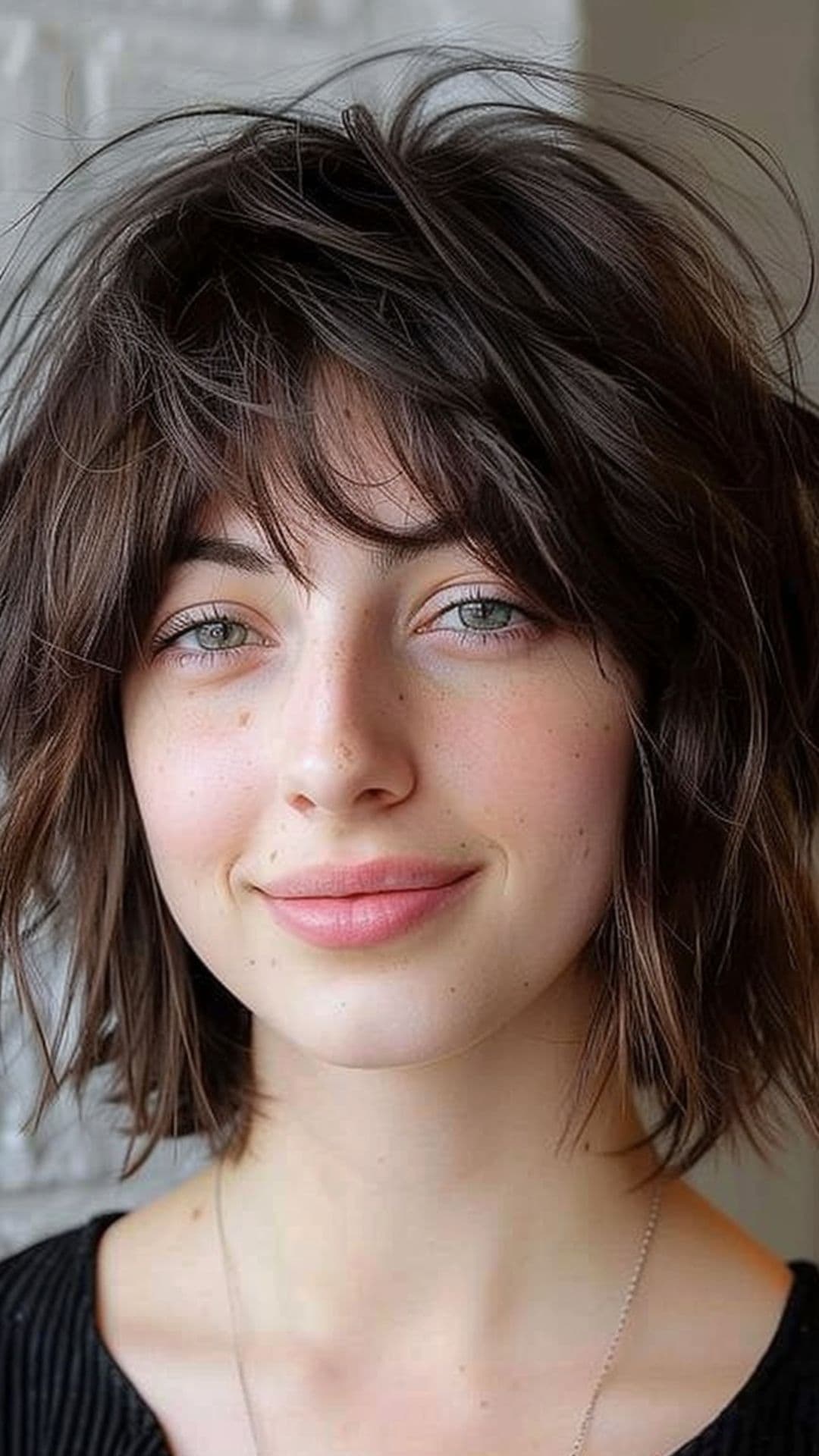 A woman modelling a layered shaggy bob with bangs.