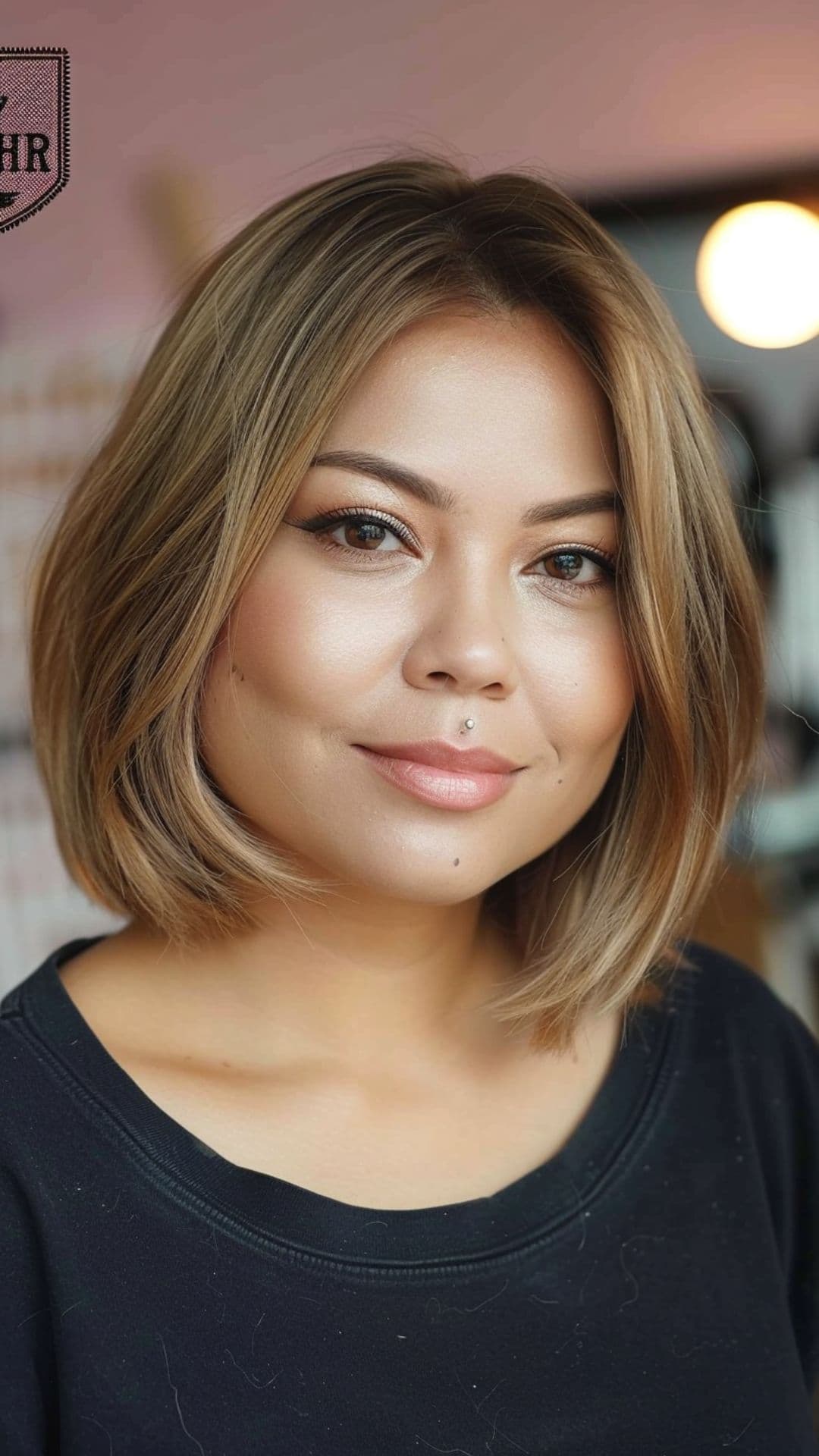 A round-faced woman modelling a light chocolate ash blonde a-line bob.