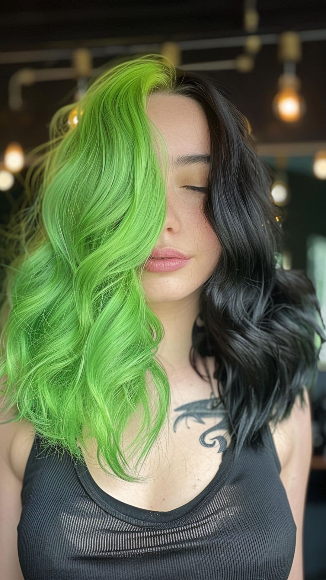 A woman modelling a lime green and black split dye hair.