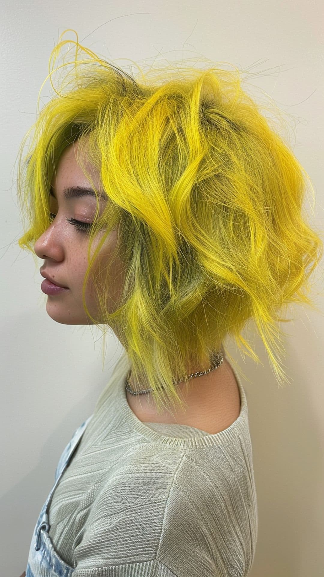 A woman modelling a lime green and yellow blend hair.