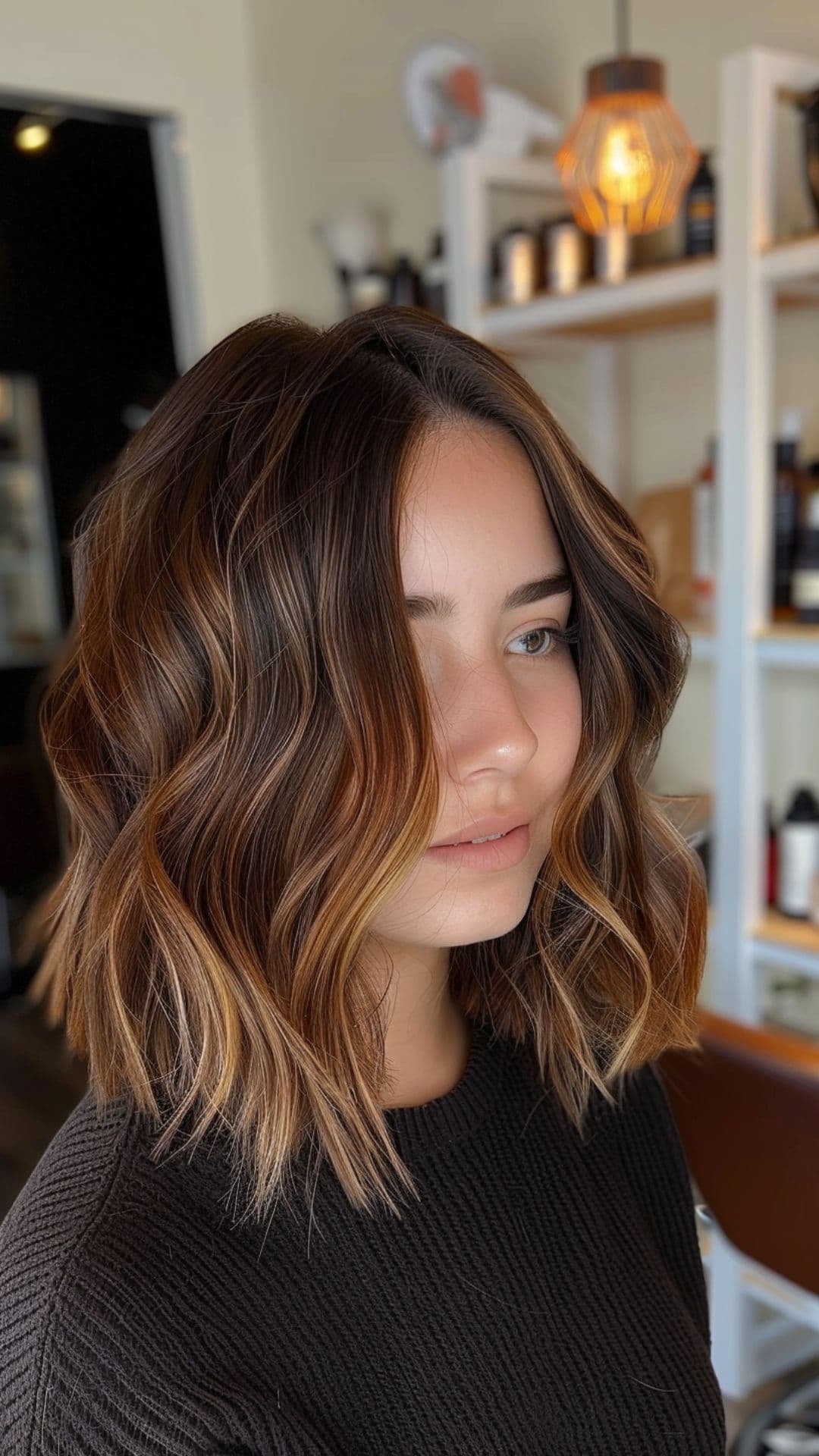 A woman modelling a lived-in caramel balayage lob.