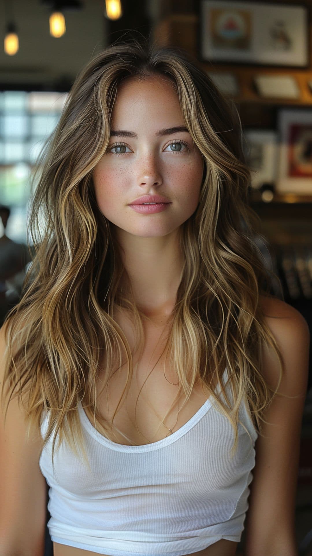 A woman modelling a long layered hair with soft waves.