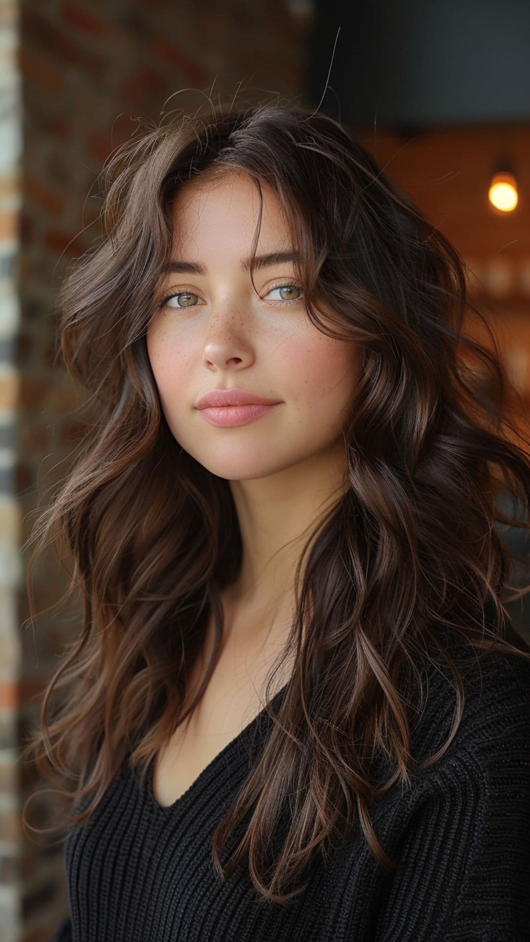 A woman modelling a long layered waves hairstyle.