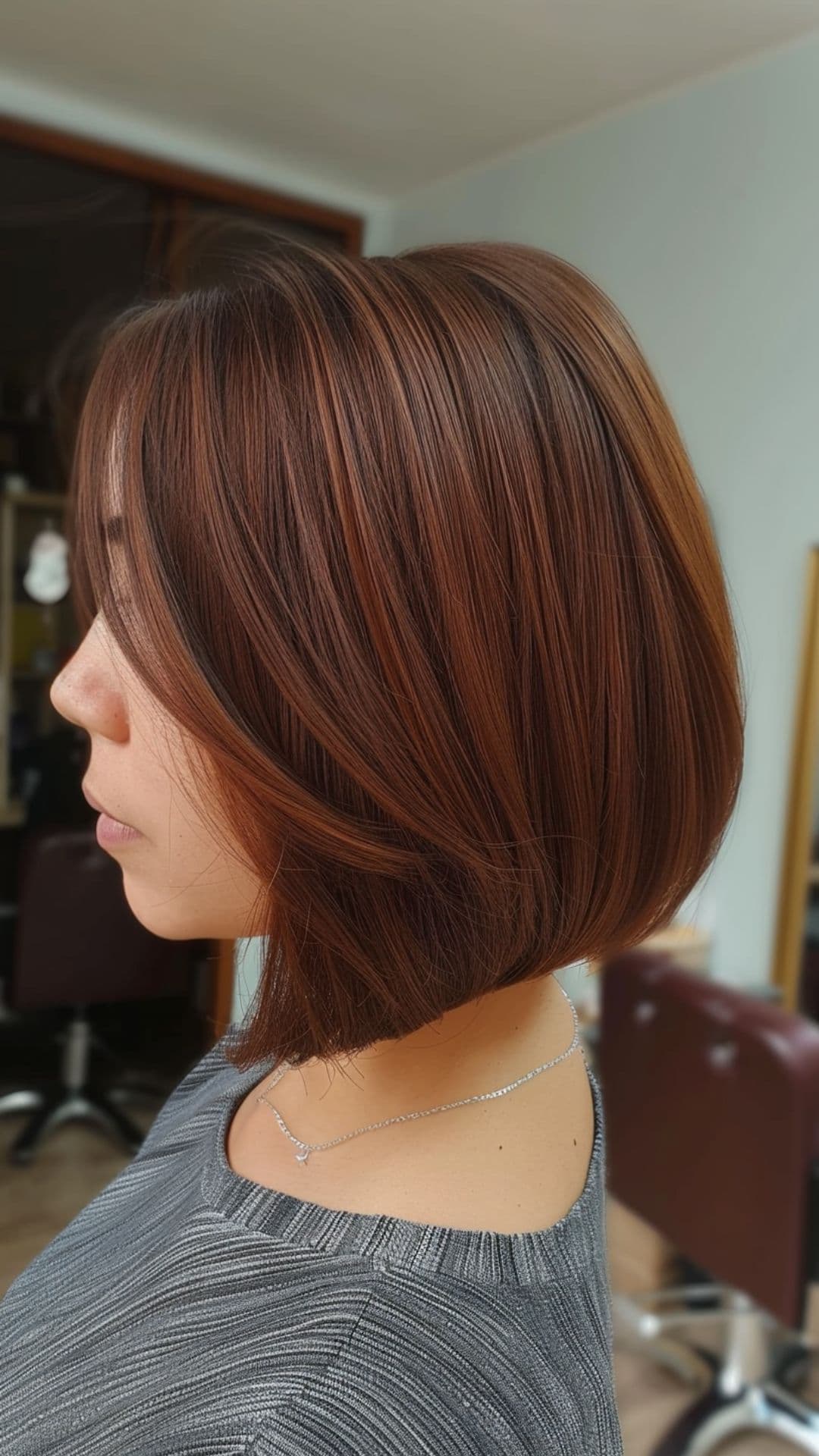 A woman modelling a mahogany brown short hair.