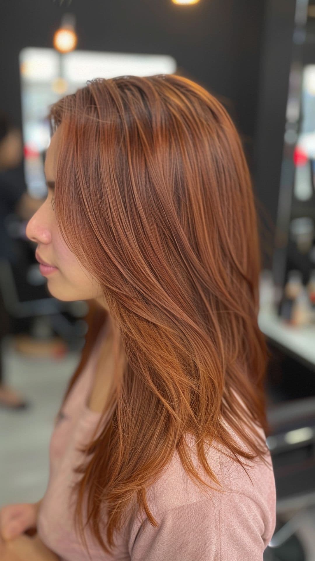 A woman modelling a mahogany brown hair.