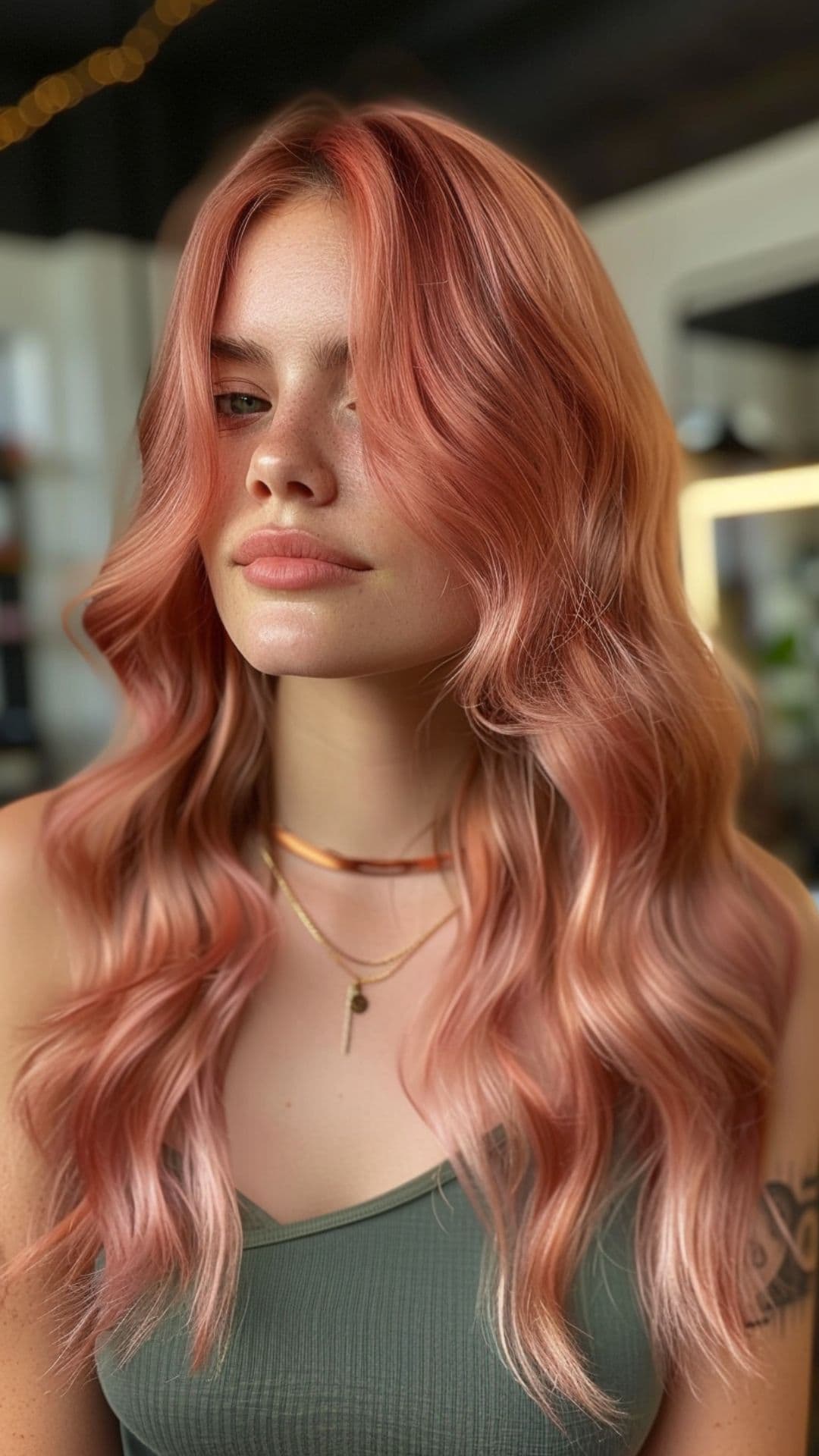 A woman modelling a metallic peach pink hair.