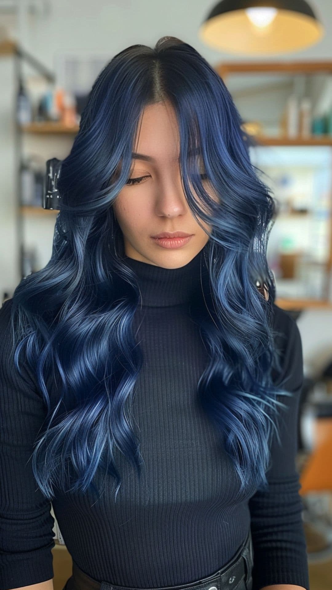 A woman modelling a midnight blue hair.