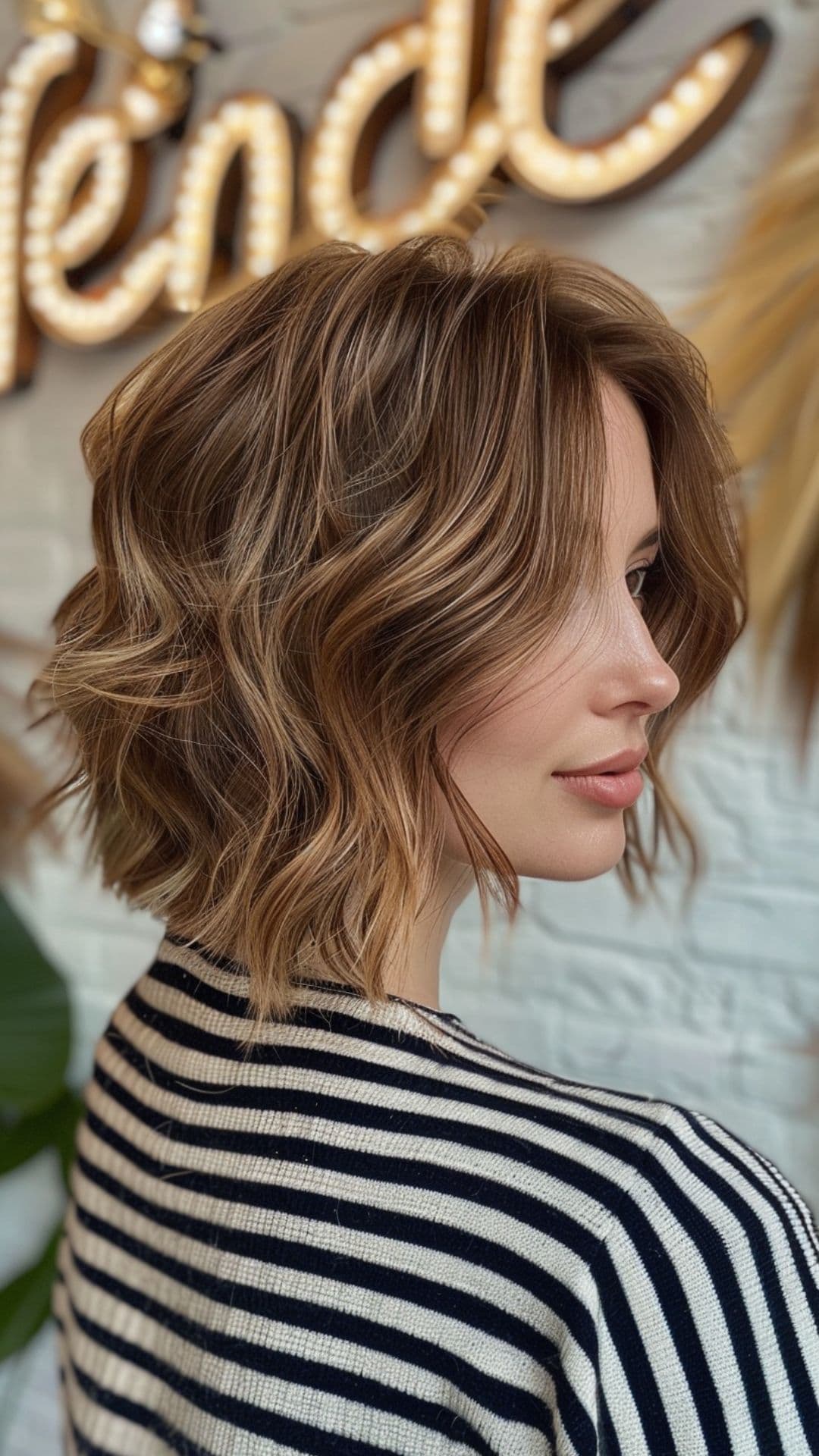 A woman modelling a milk chocolate brown short hair.