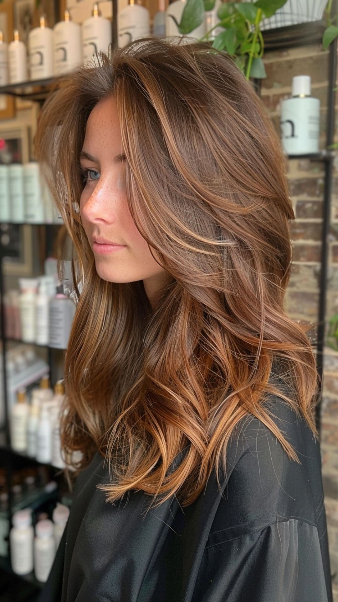 A woman modelling a milk chocolate hair color.