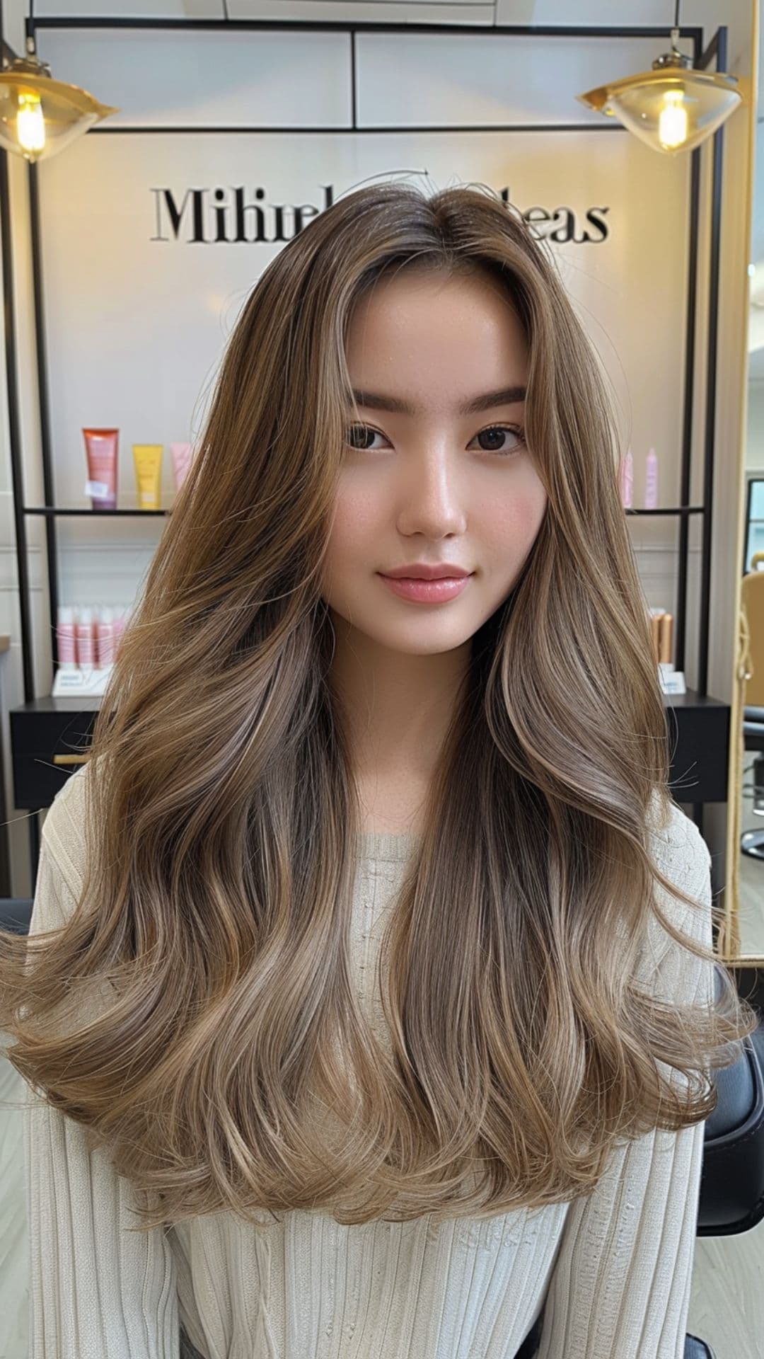 A woman modelling a milk tea balayage.