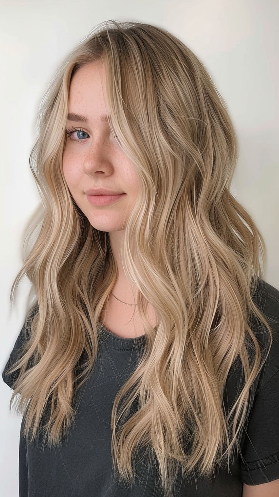 A woman modelling a milk tea blonde hair.