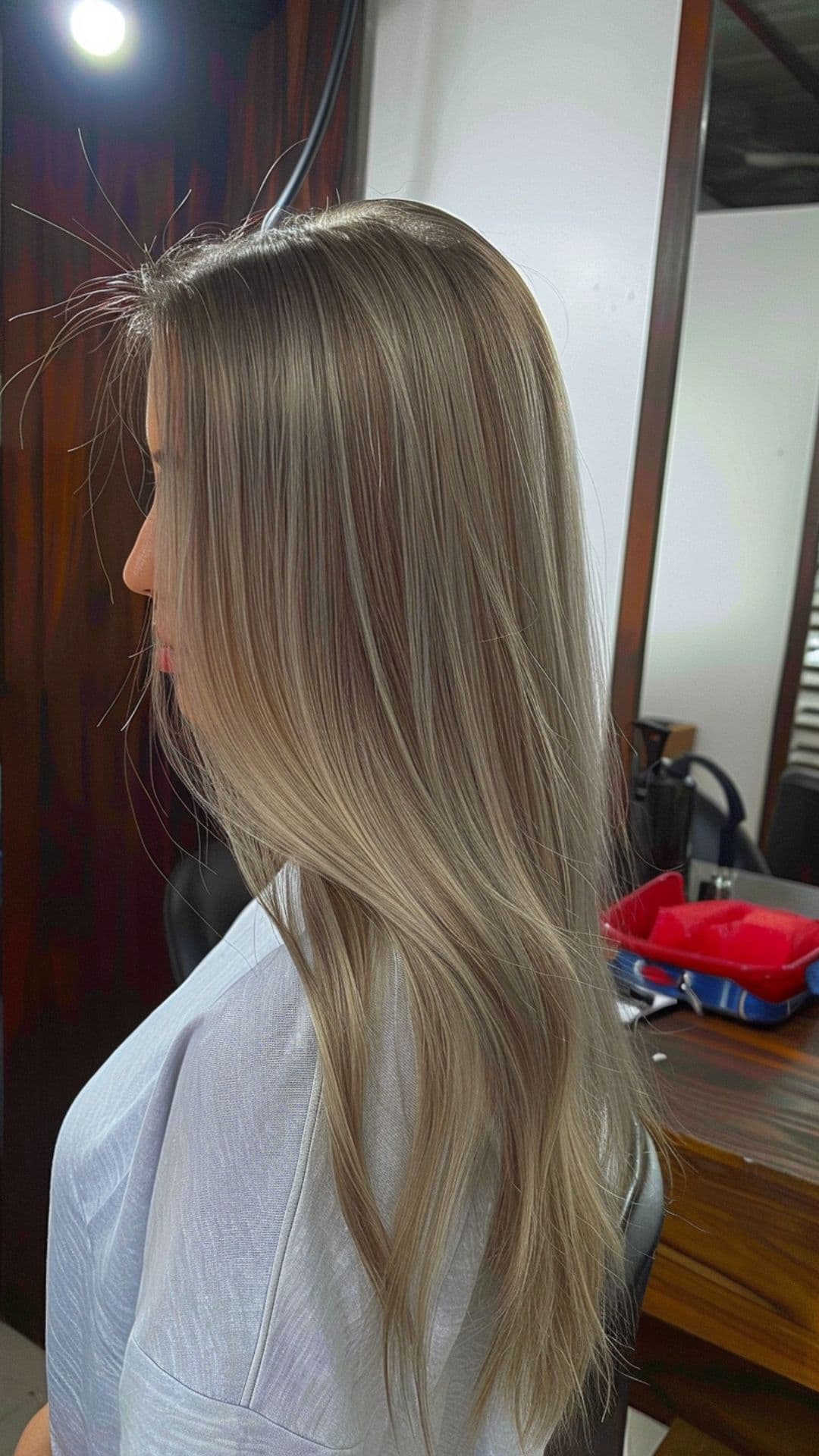 A woman modelling a milk tea hair with smoky gray tint.