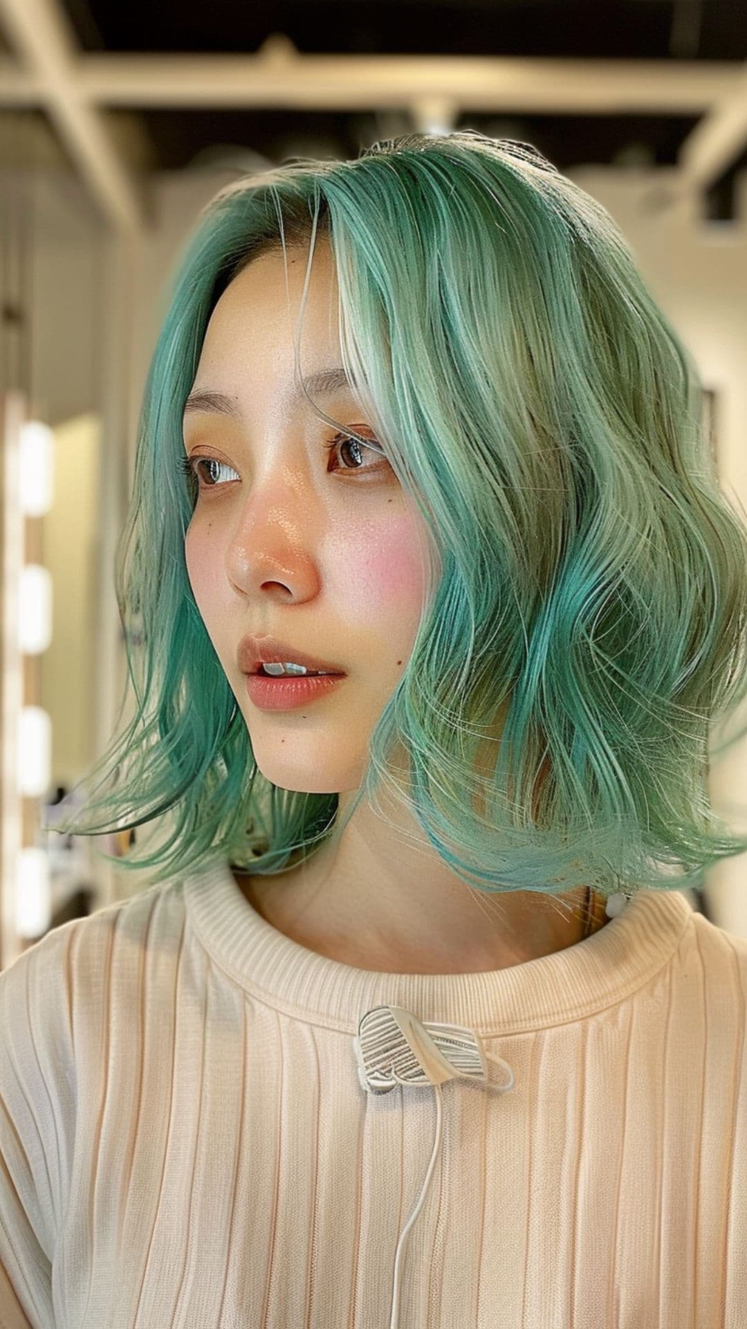 A woman modelling a mint green hair.