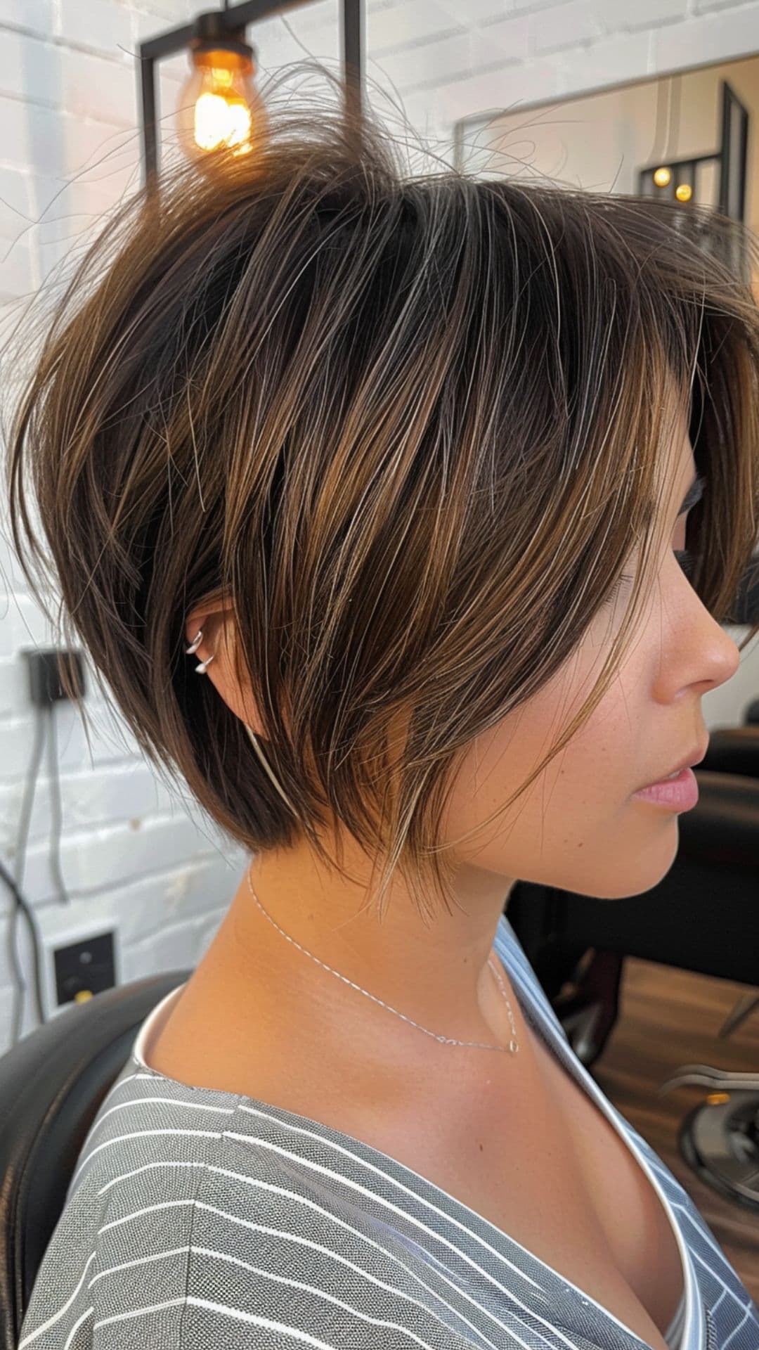 A woman modelling a mocha brown short hair.