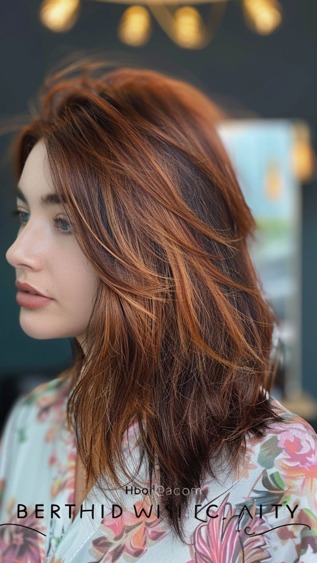 A woman modelling a modern dark auburn balayage with soft coco shadow root melt.