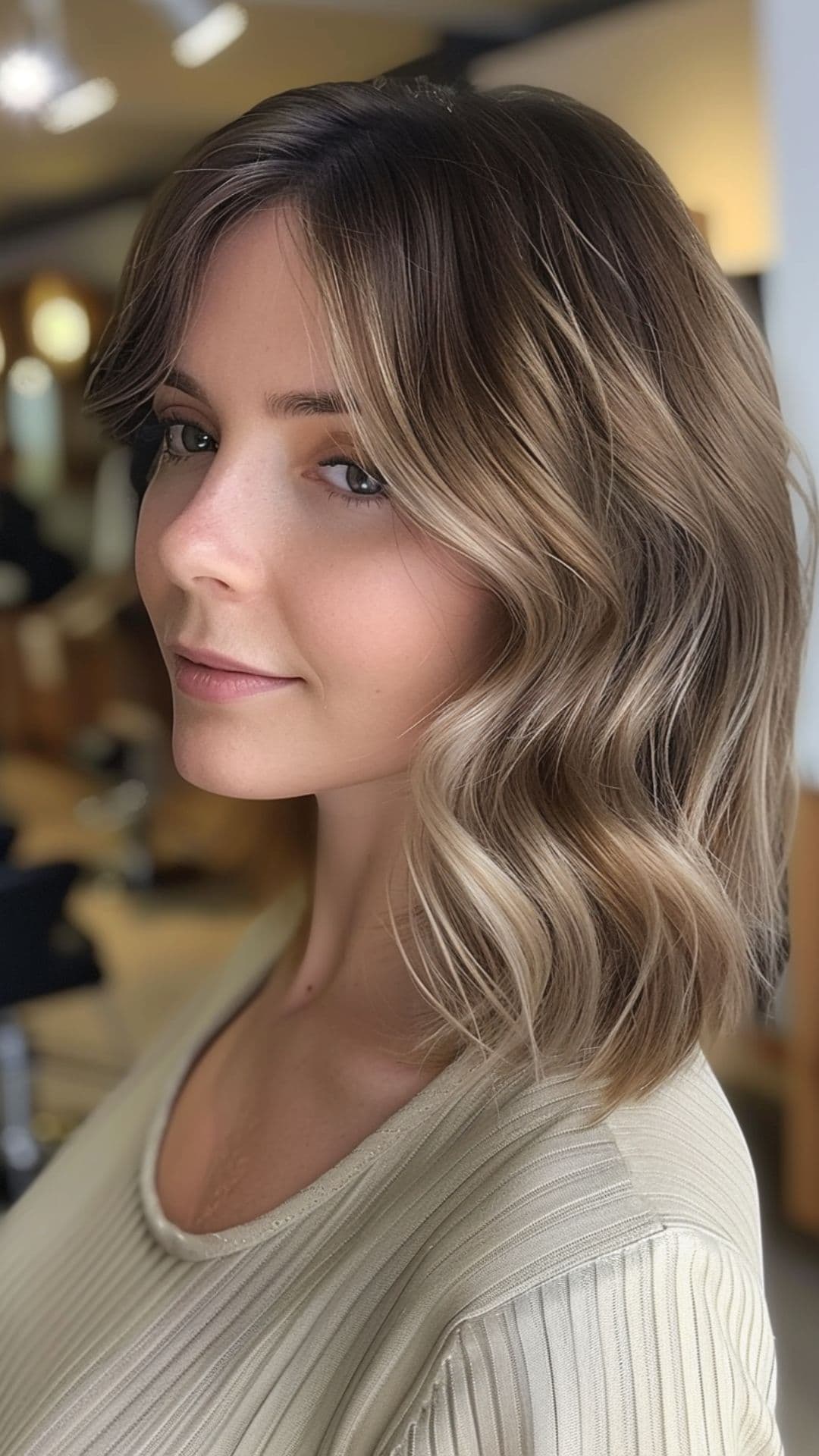 A woman modelling a mushroom balayage lob.