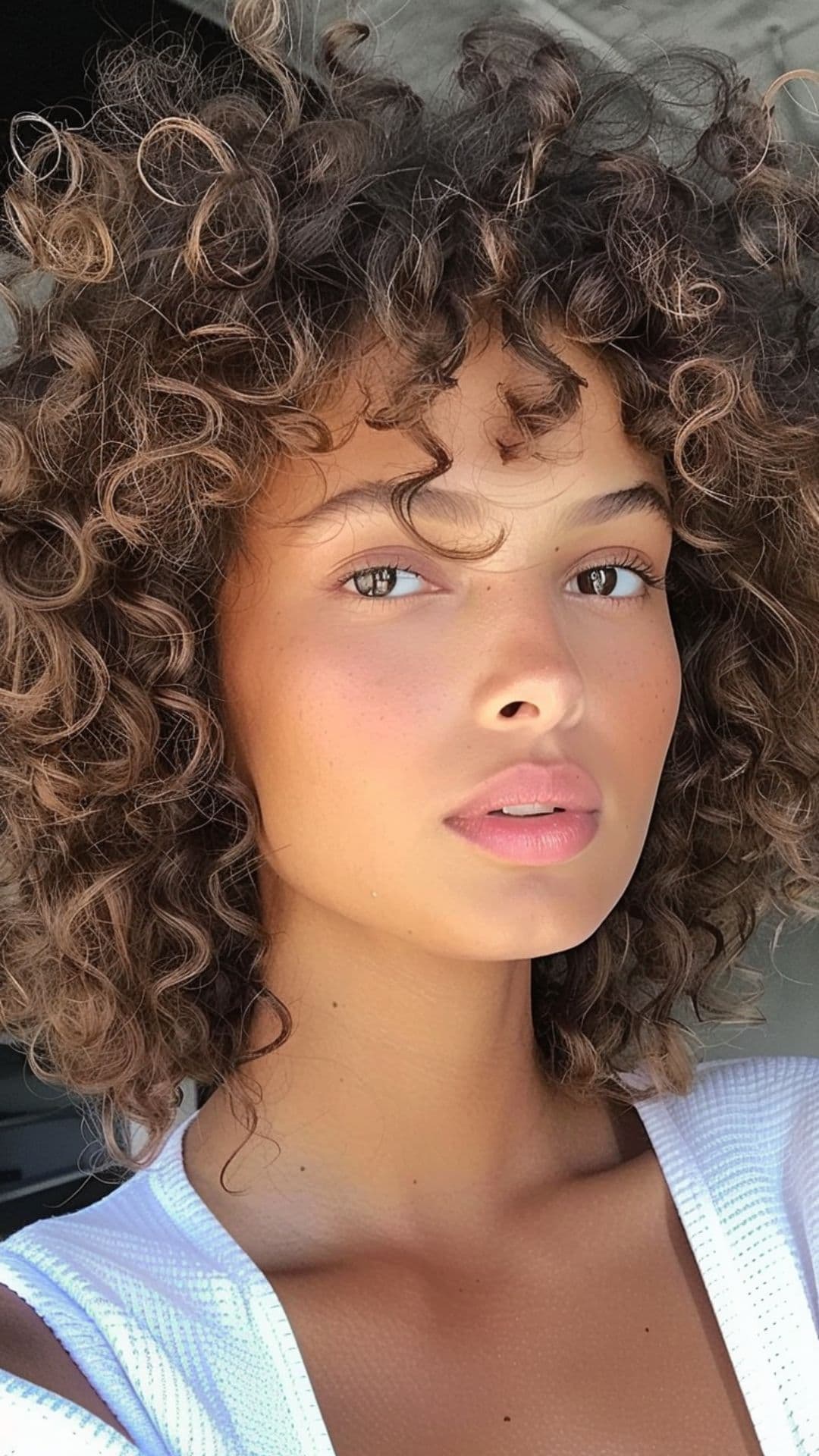 A woman modelling a mushroom brown curly hair.