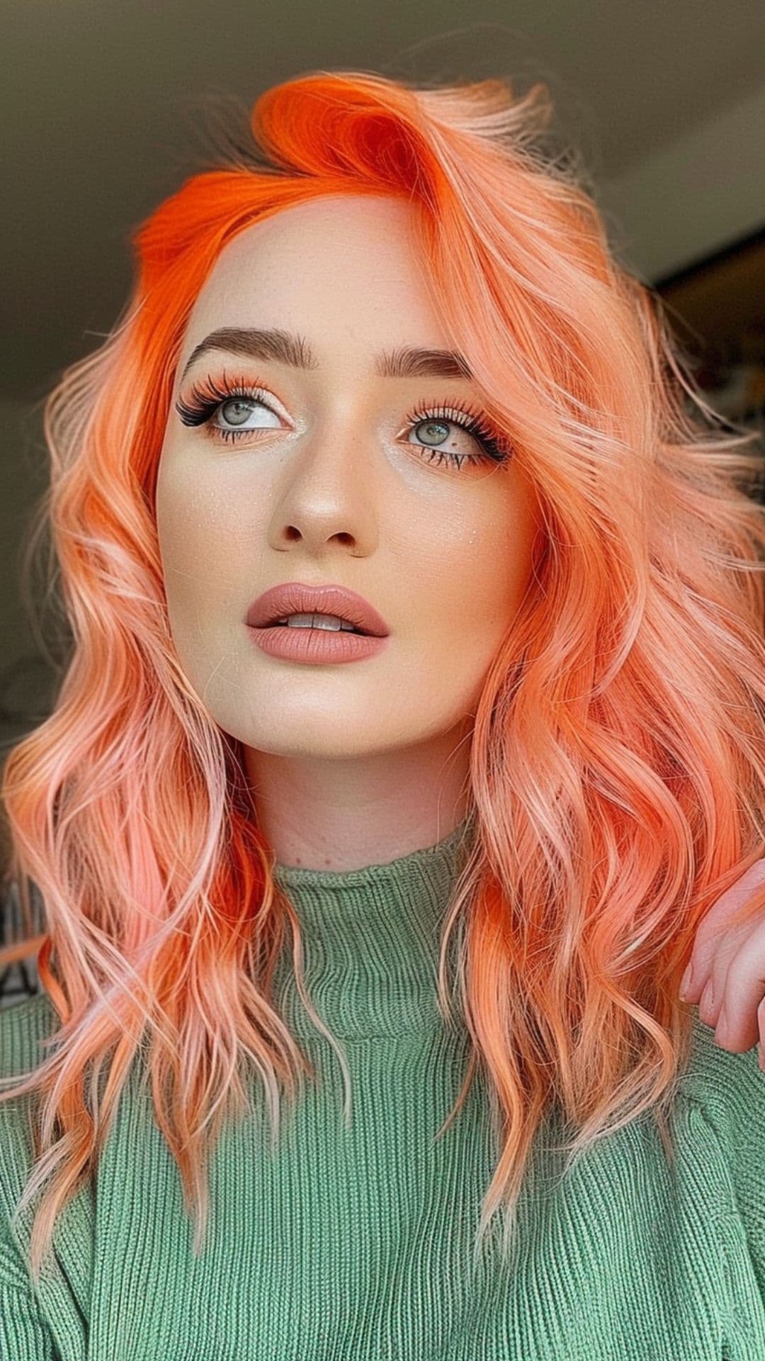 A woman modelling a neon peach hair.