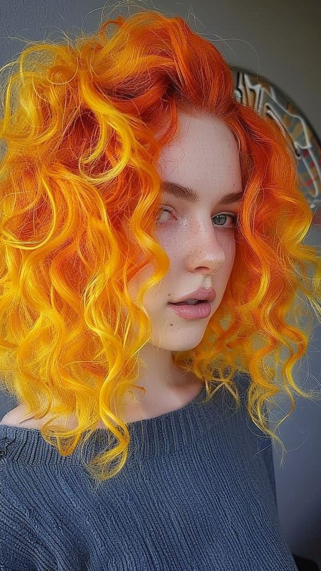 A woman modelling an orange to yellow curly ombre hair.