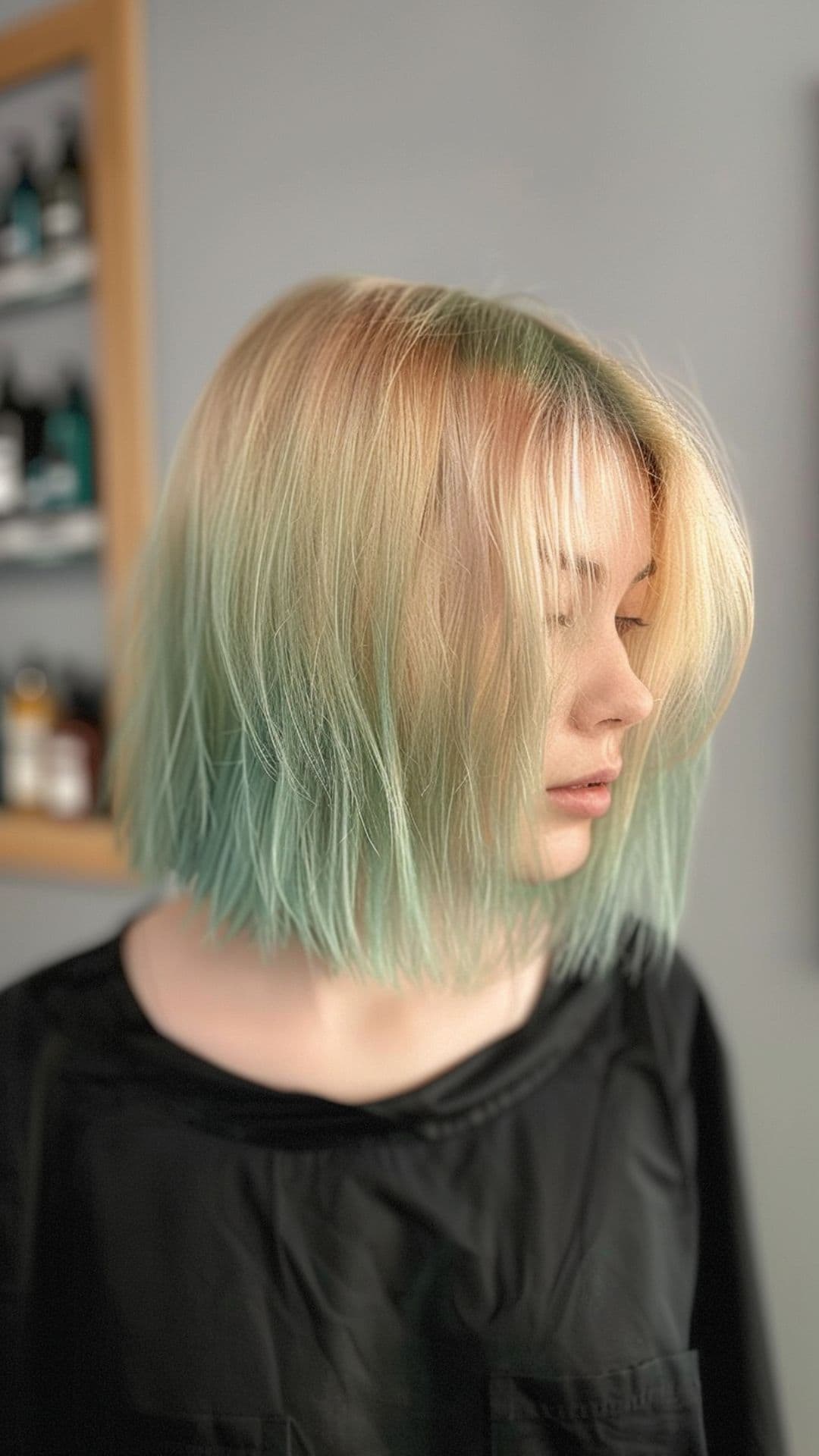 A woman modelling a pastel green ombre hair.