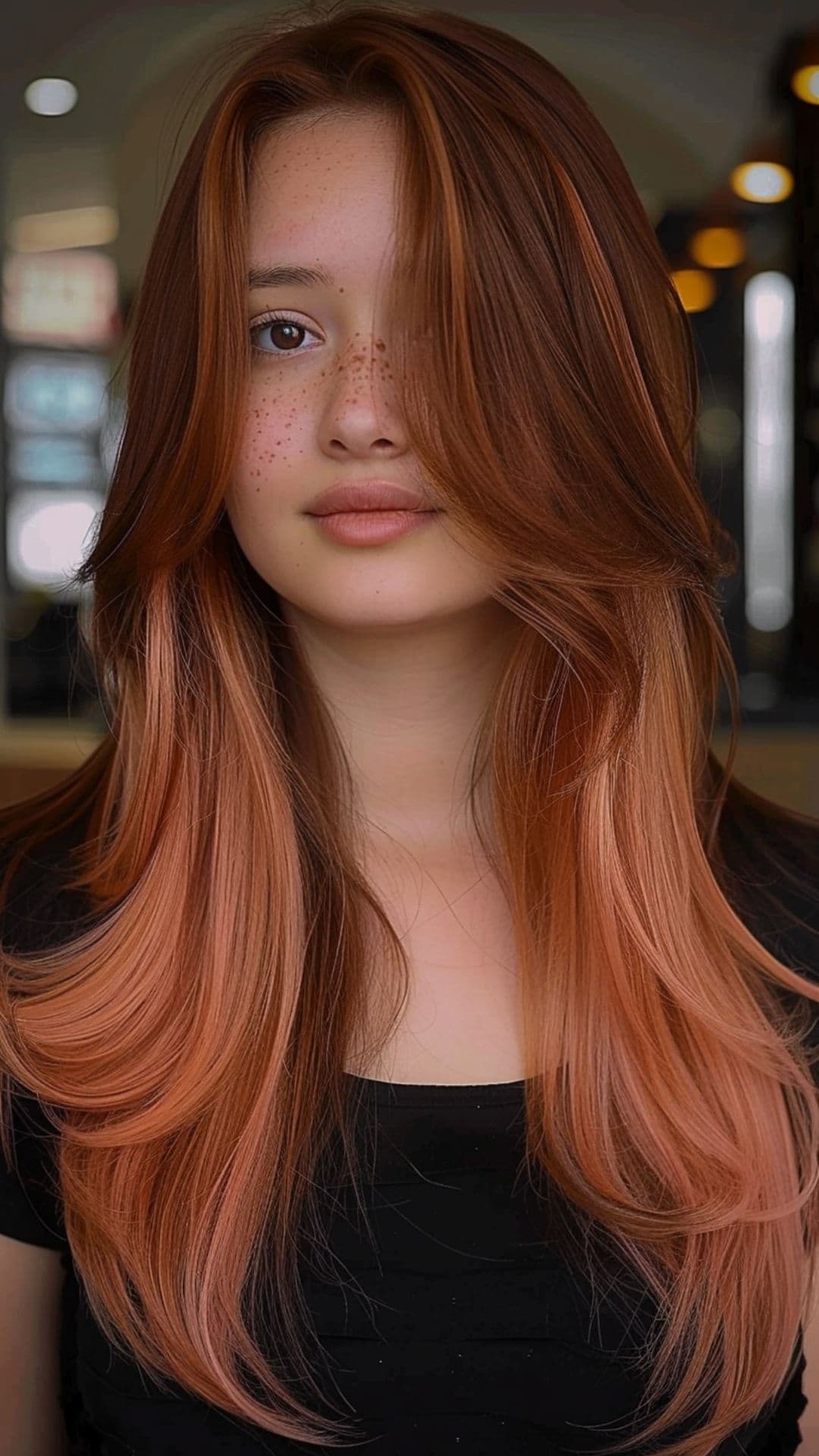 A woman modelling a pastel peach peek-a-boo hair.