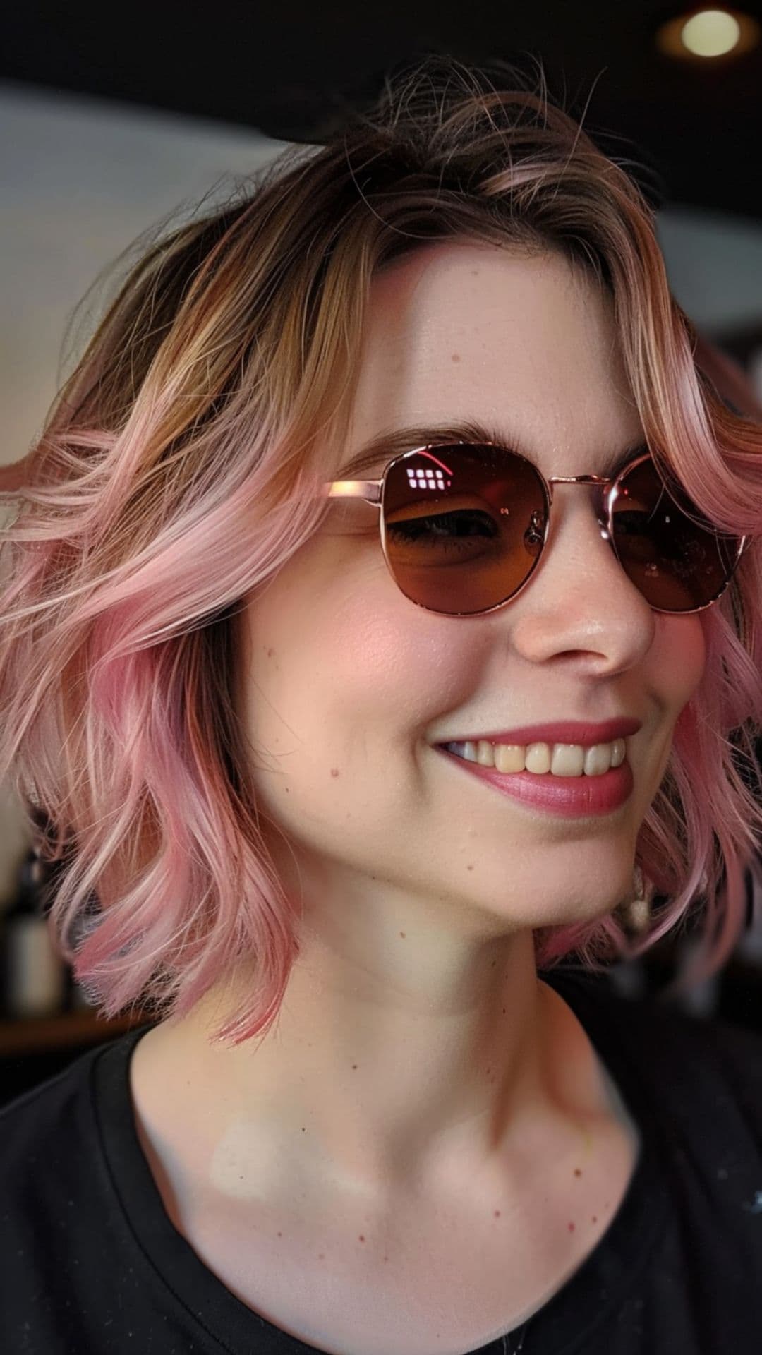 A woman modelling a pastel pink ombre hair.