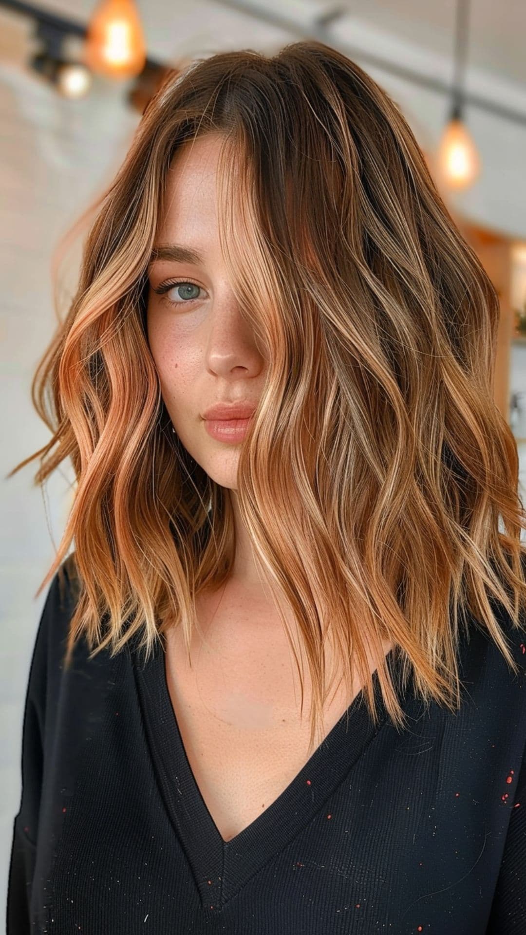 A woman modelling a peach balayage hair.