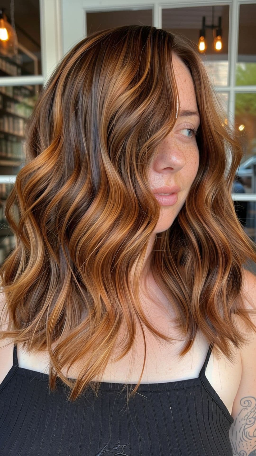 A woman modelling a peach highlights hair.