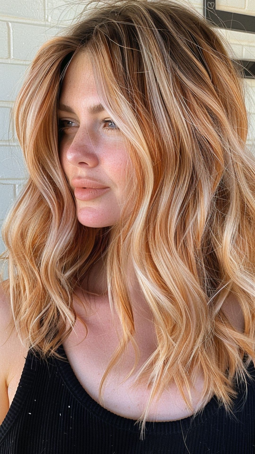 A woman modelling a peach root melt hair.