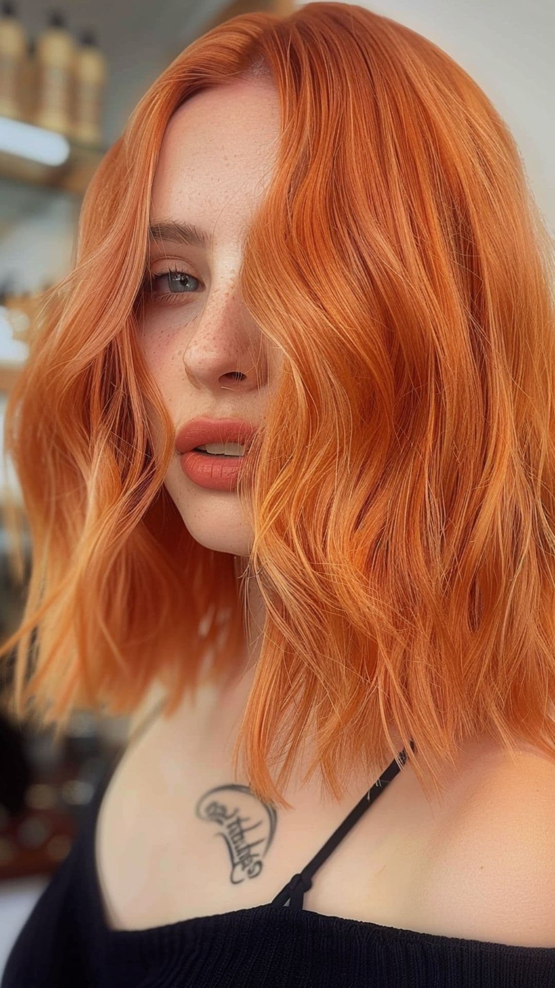 A woman modelling a peach and copper hair.