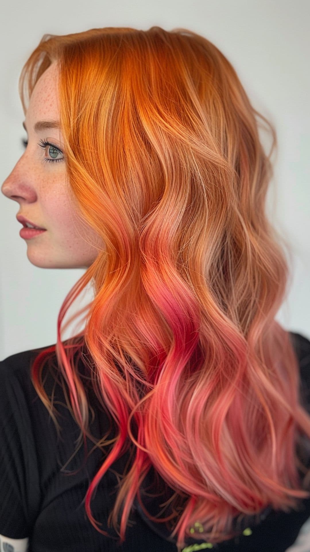 A woman modelling a peach and coral hair.