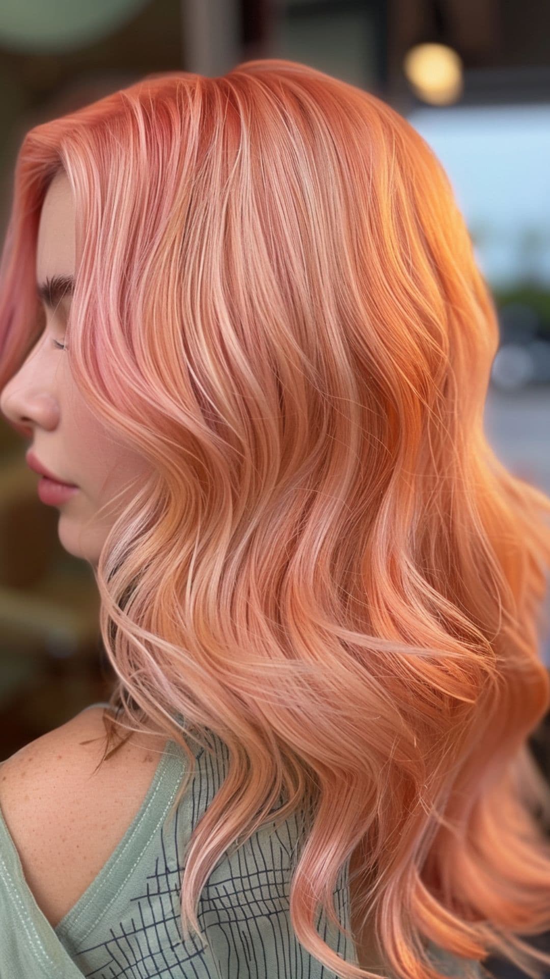 A woman modelling a peach and pink blend hair.