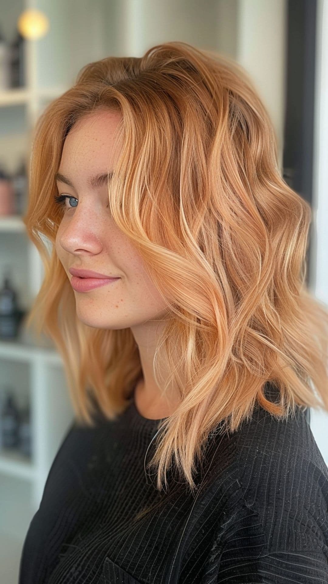 A woman modelling a peach hair with dark roots.