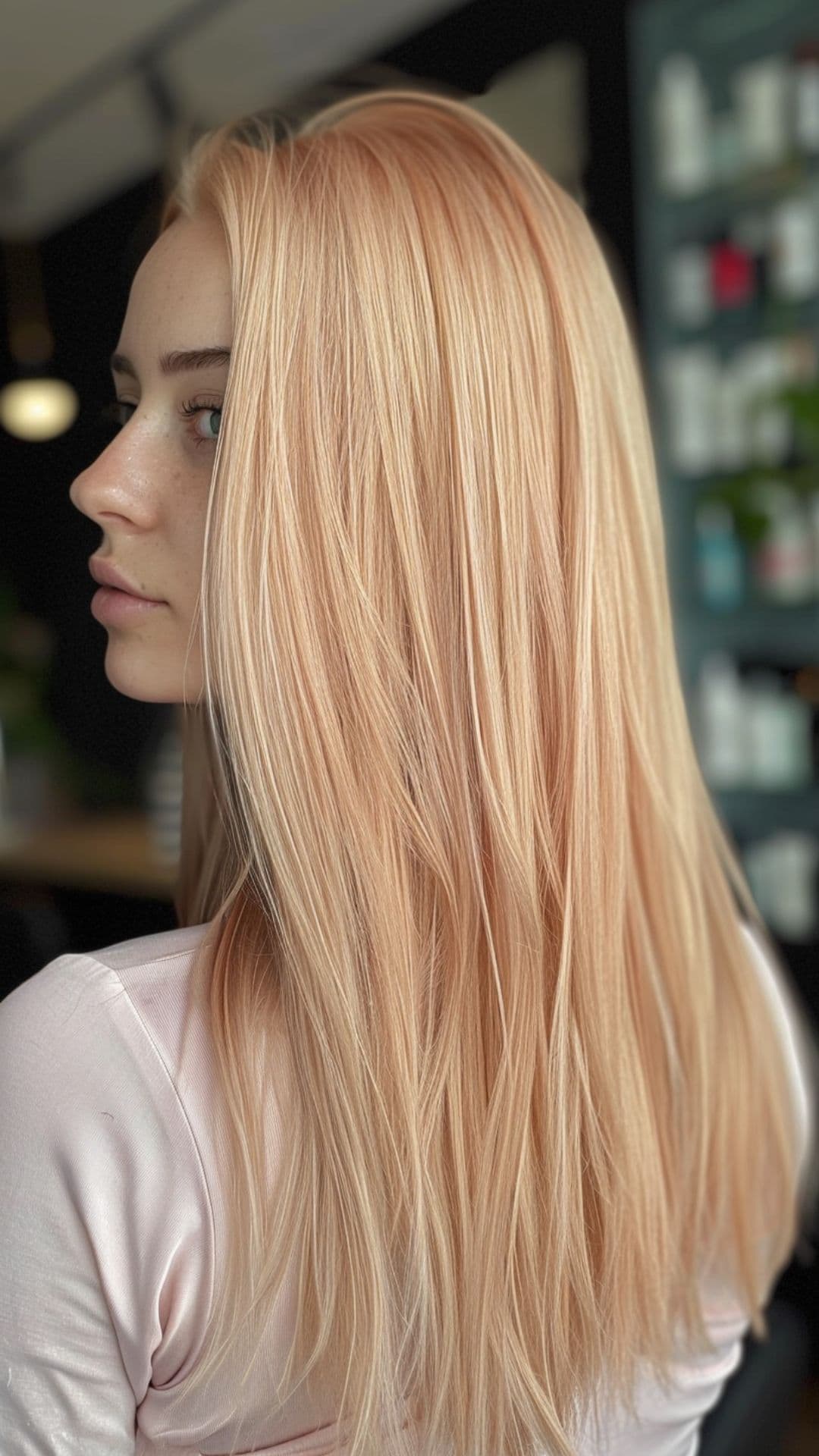 A woman modelling a peachy blonde hair.