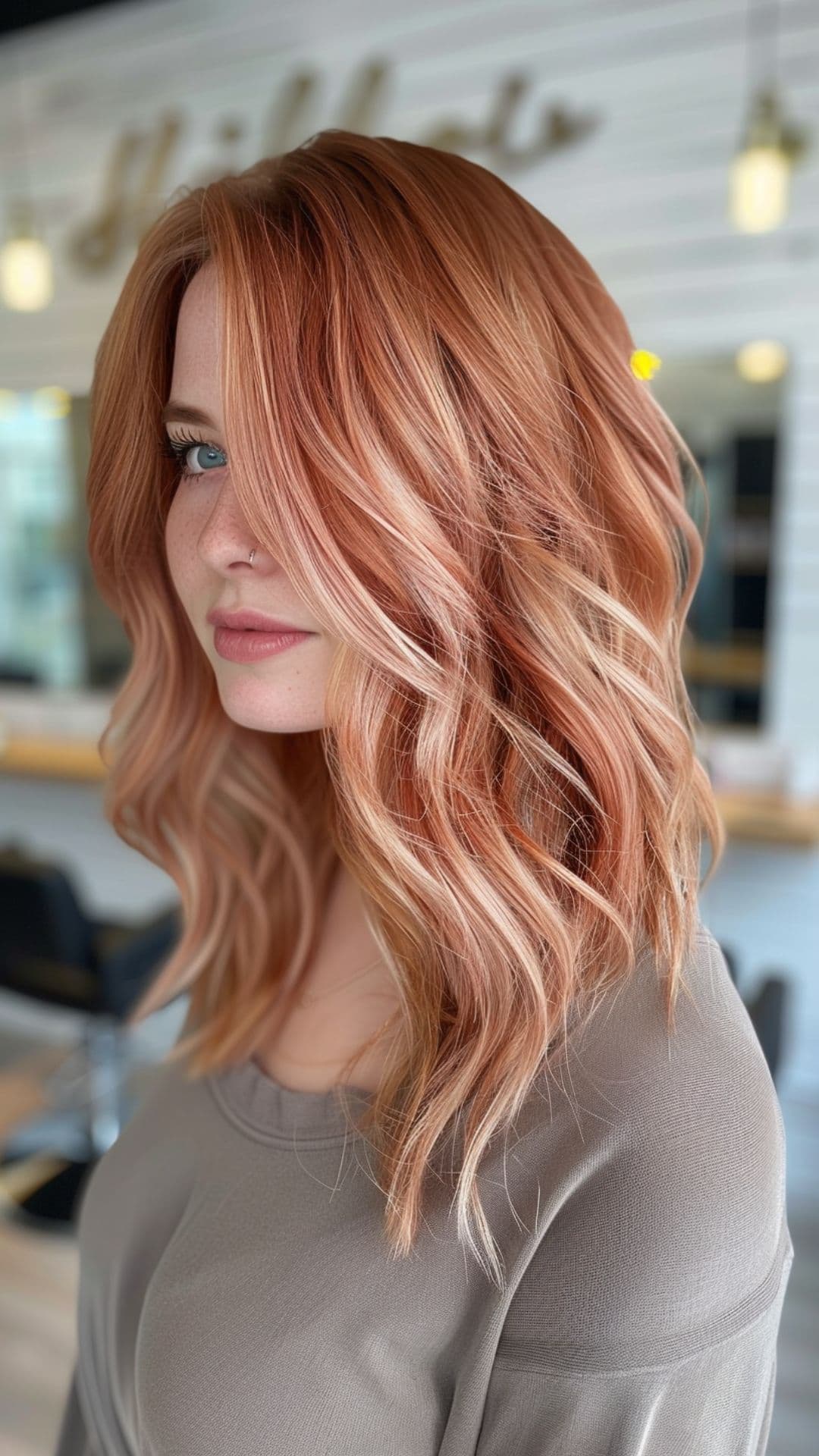 A woman modelling a peachy rose gold hair.