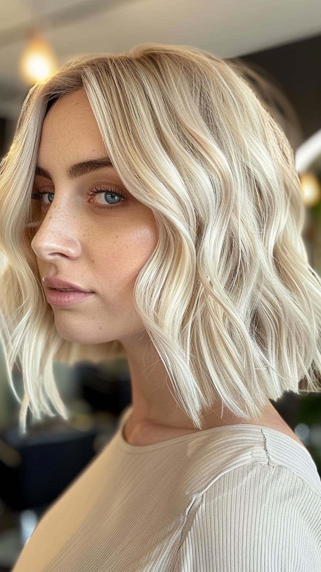 A woman modelling a pearl ash blonde balayage bob.